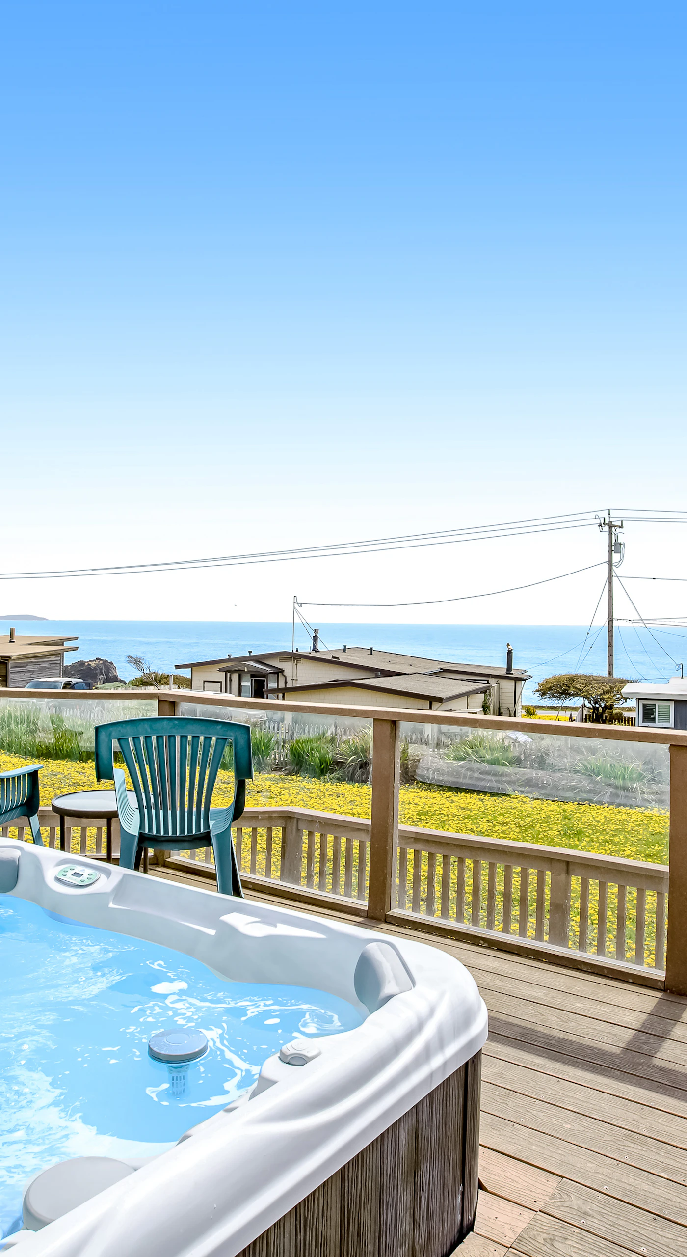 Bubbling hot tub and sweeping Pacific views make this deck your favorite spot for Sonoma Coast mornings and evenings alike.