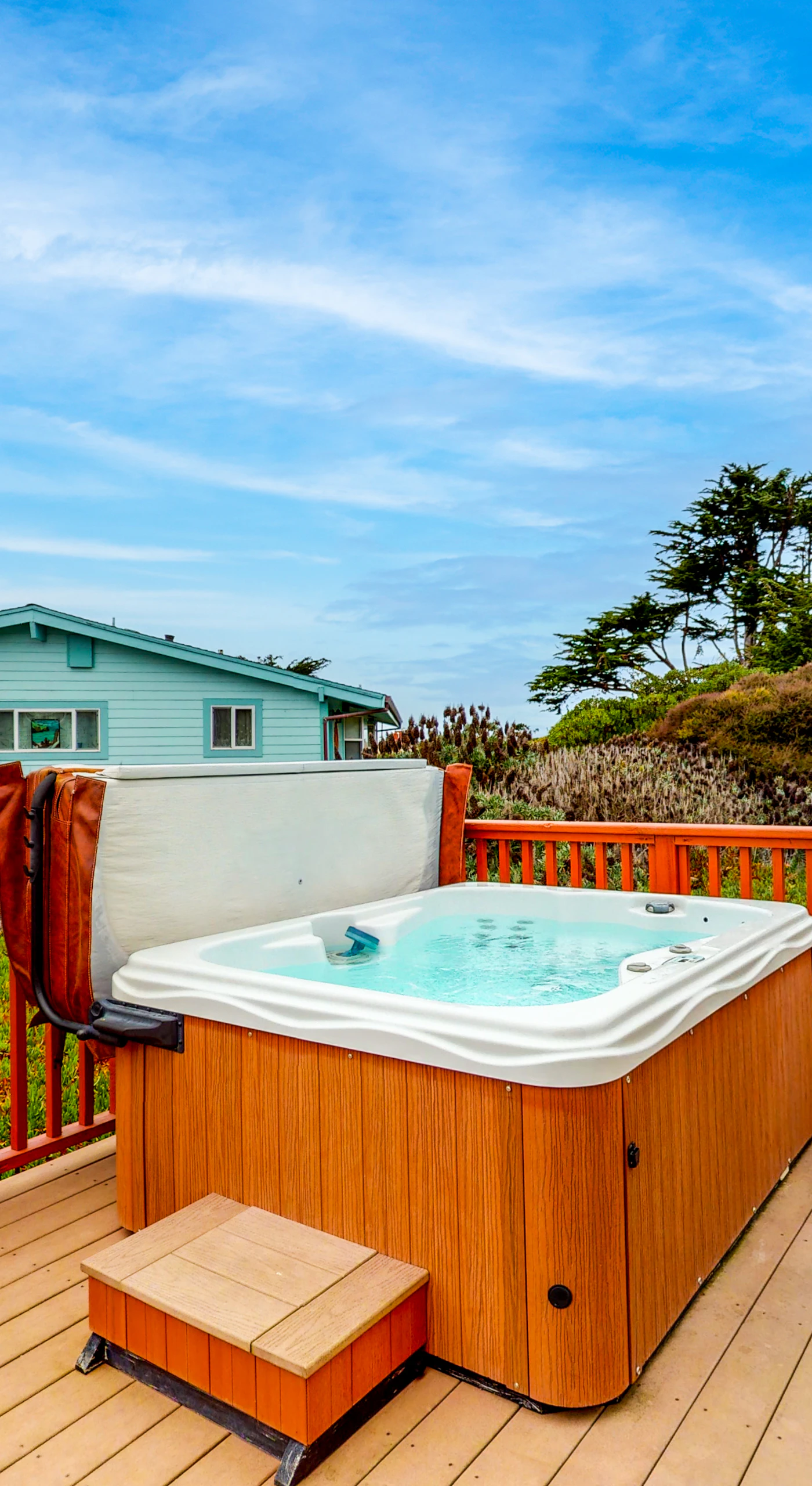 Soak under the Bodega Bay sky in your private hot tub — perched on the deck with coastal breezes and a gas grill steps away for your fresh-catch cookout.