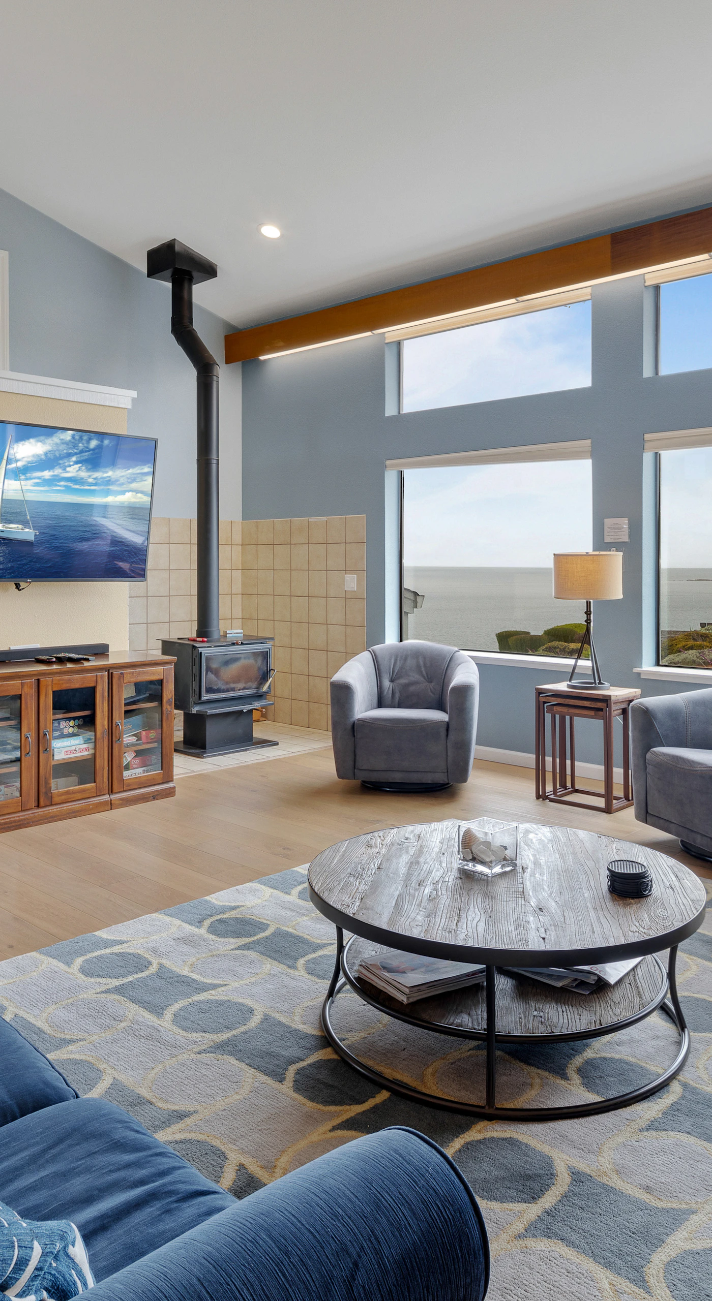 Sink into plush seating and take in sweeping Bodega Bay views from your vaulted great room — the perfect base after a Sonoma Coast wine trail.