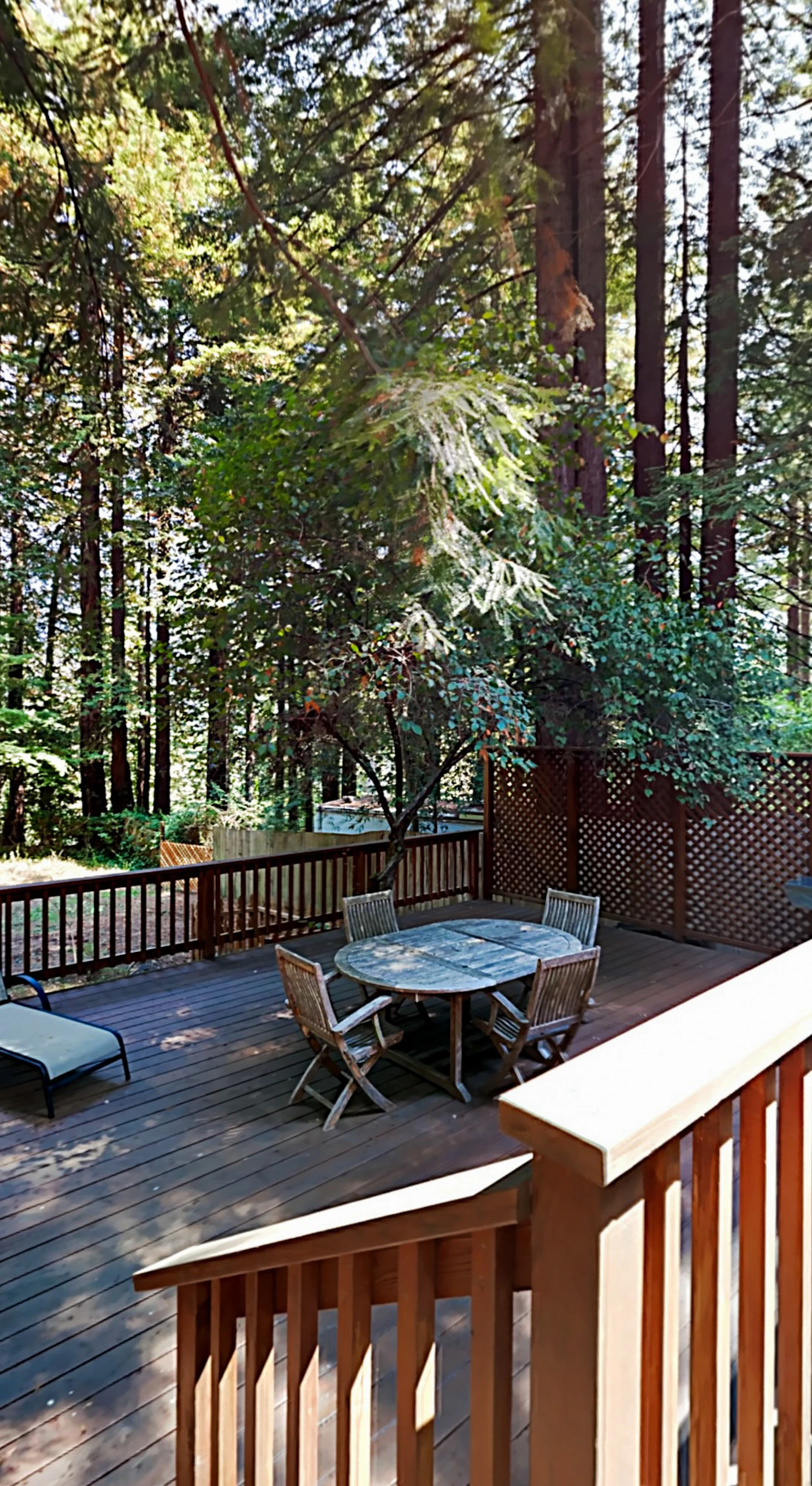 Settle into your private redwood canopy deck — lounge chairs and a dining set await your morning coffee among the towering trees of Cazadero.