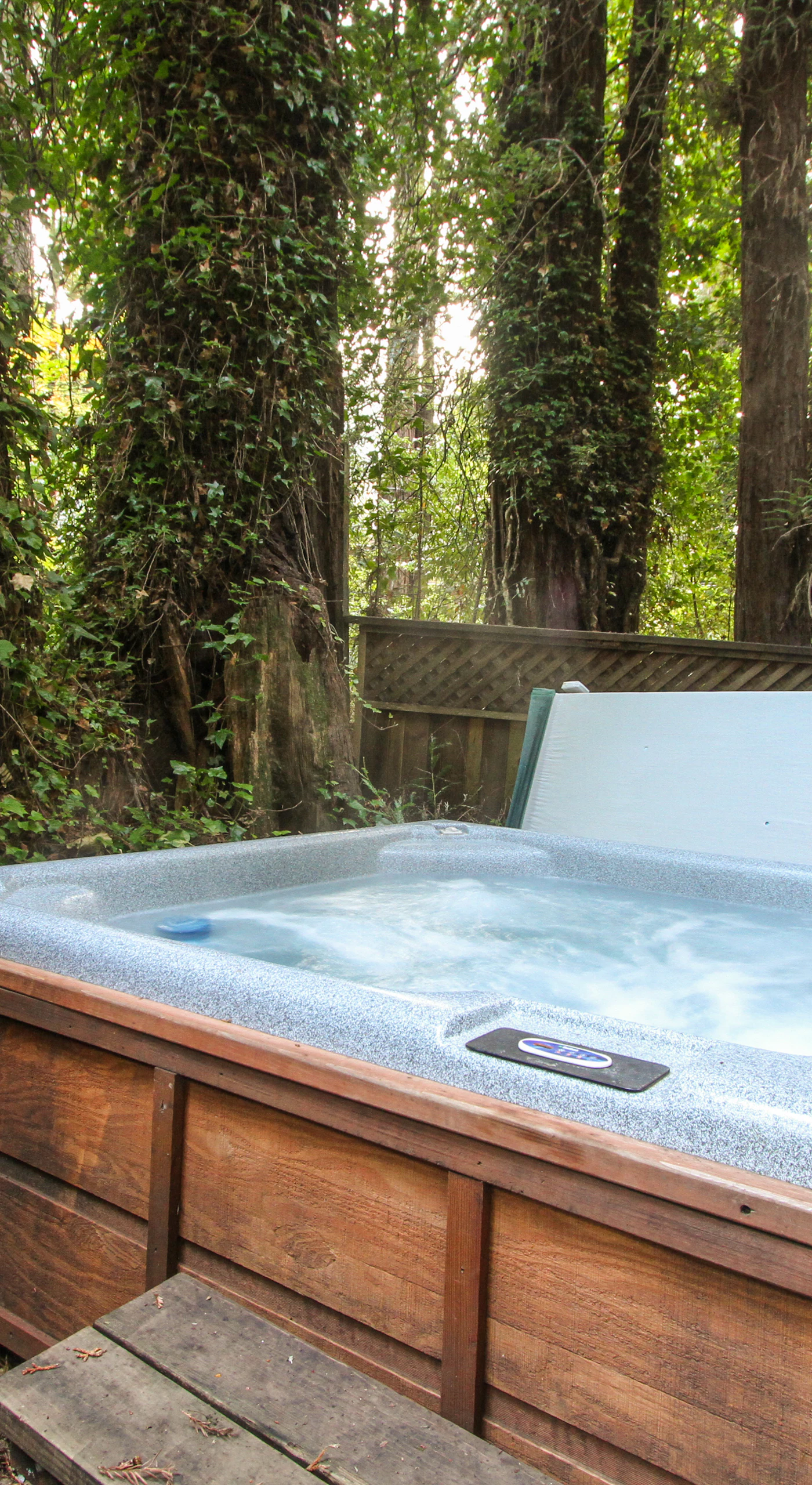 Your bubbling hot tub is draped in ivy and tucked among the trees — the ultimate way to unwind after a day of Sonoma County wine tasting.