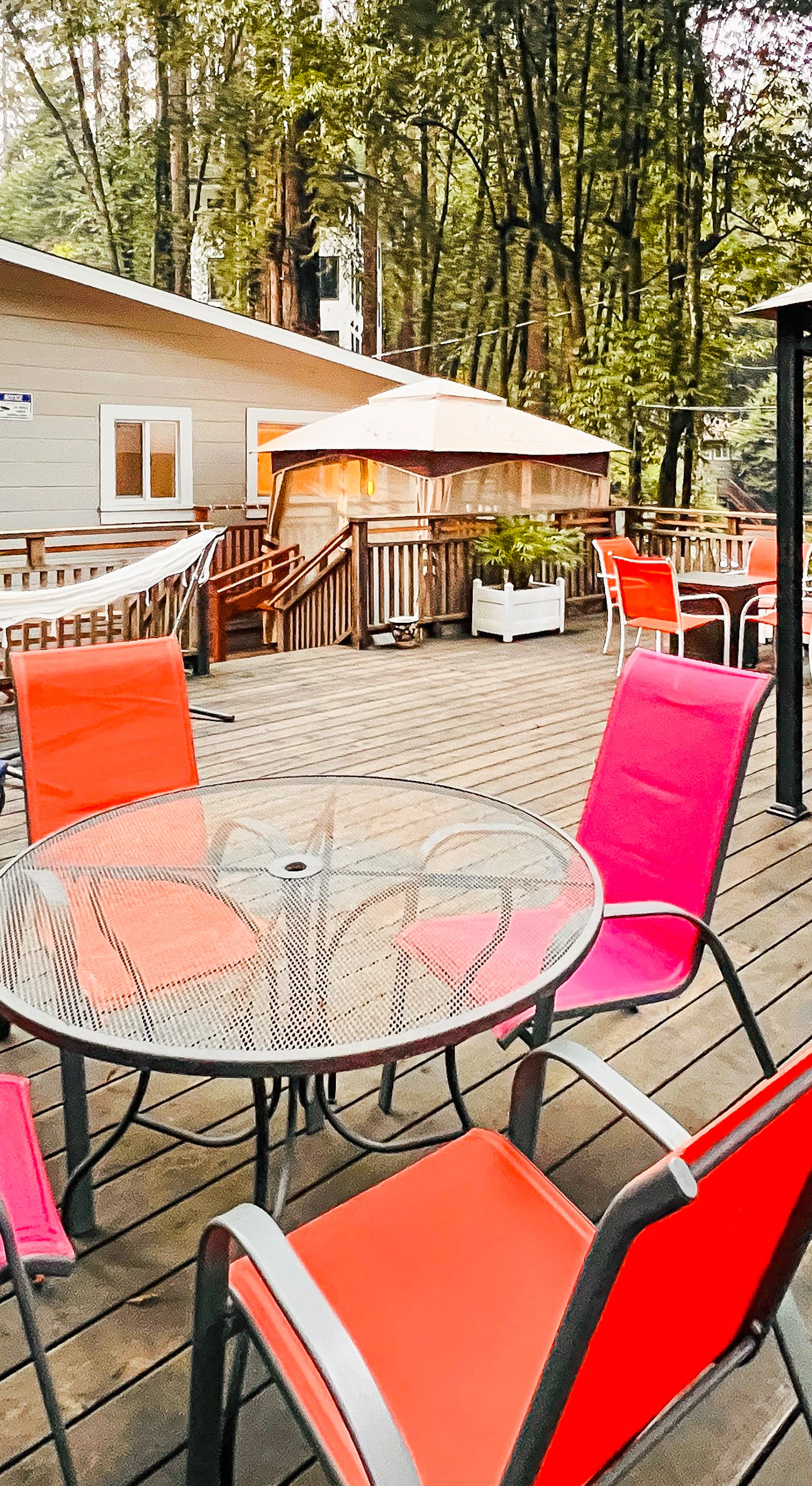 Your deck has room for everyone — hammock naps, lounge-chair reading, and covered dining all unfold under a breathtaking redwood canopy steps from the Russian River.