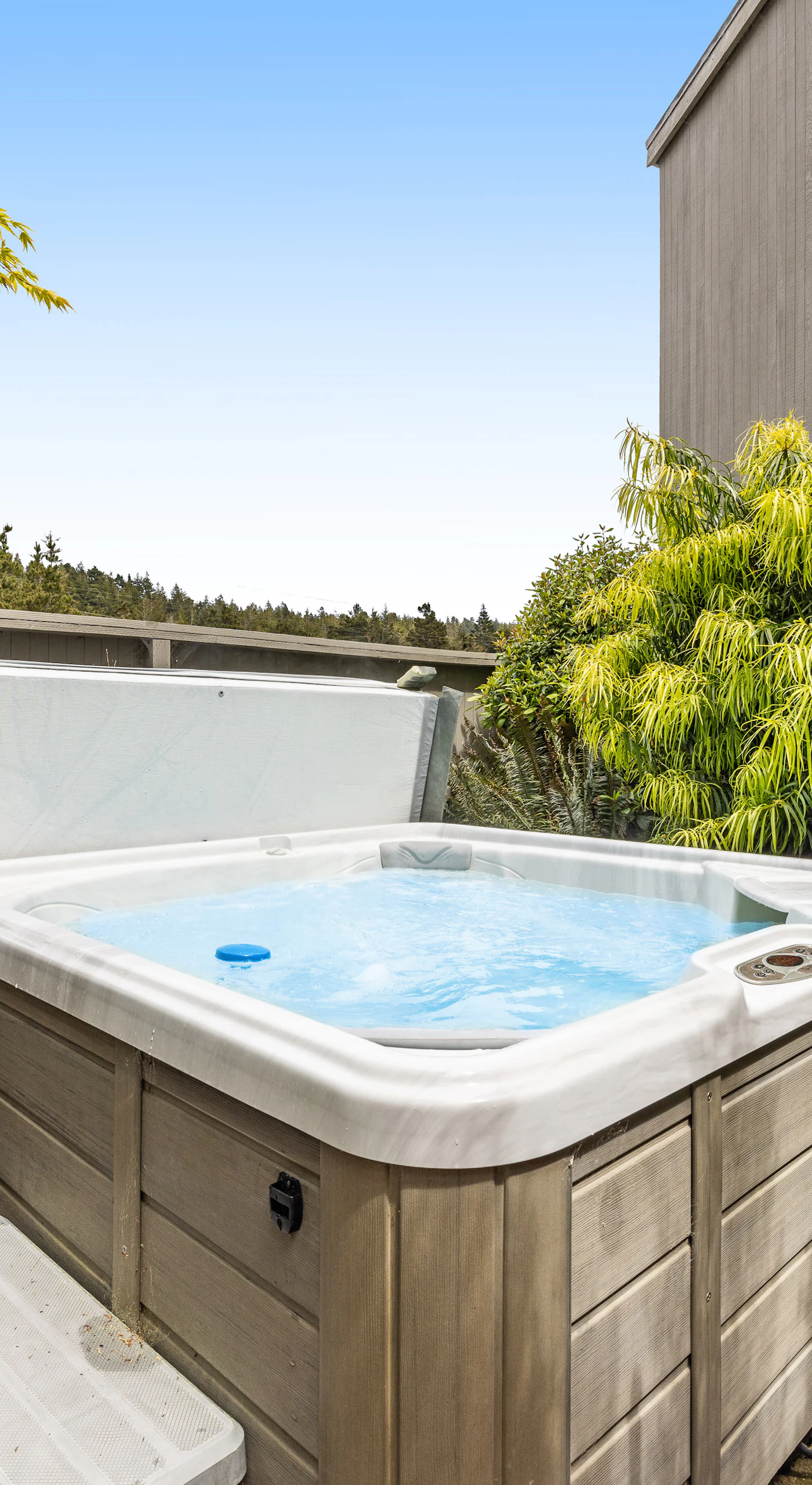 Soak away your cares in the private hot tub, surrounded by lush greenery and the peaceful sounds of nature.