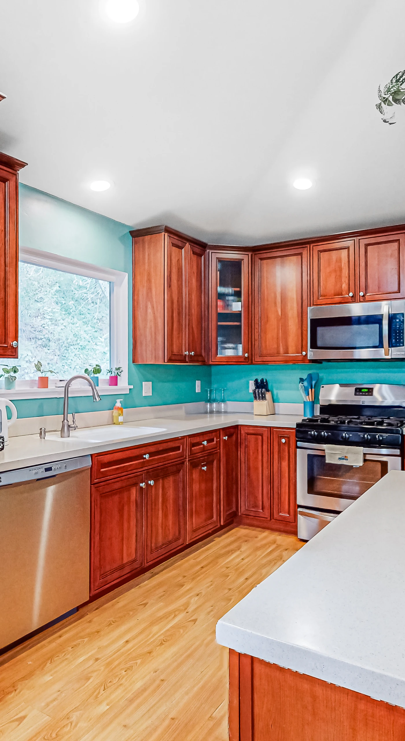 Everything you need to cook a feast — stainless dishwasher, gas stove, and generous counter space so you can prep your wine country charcuterie board in style.