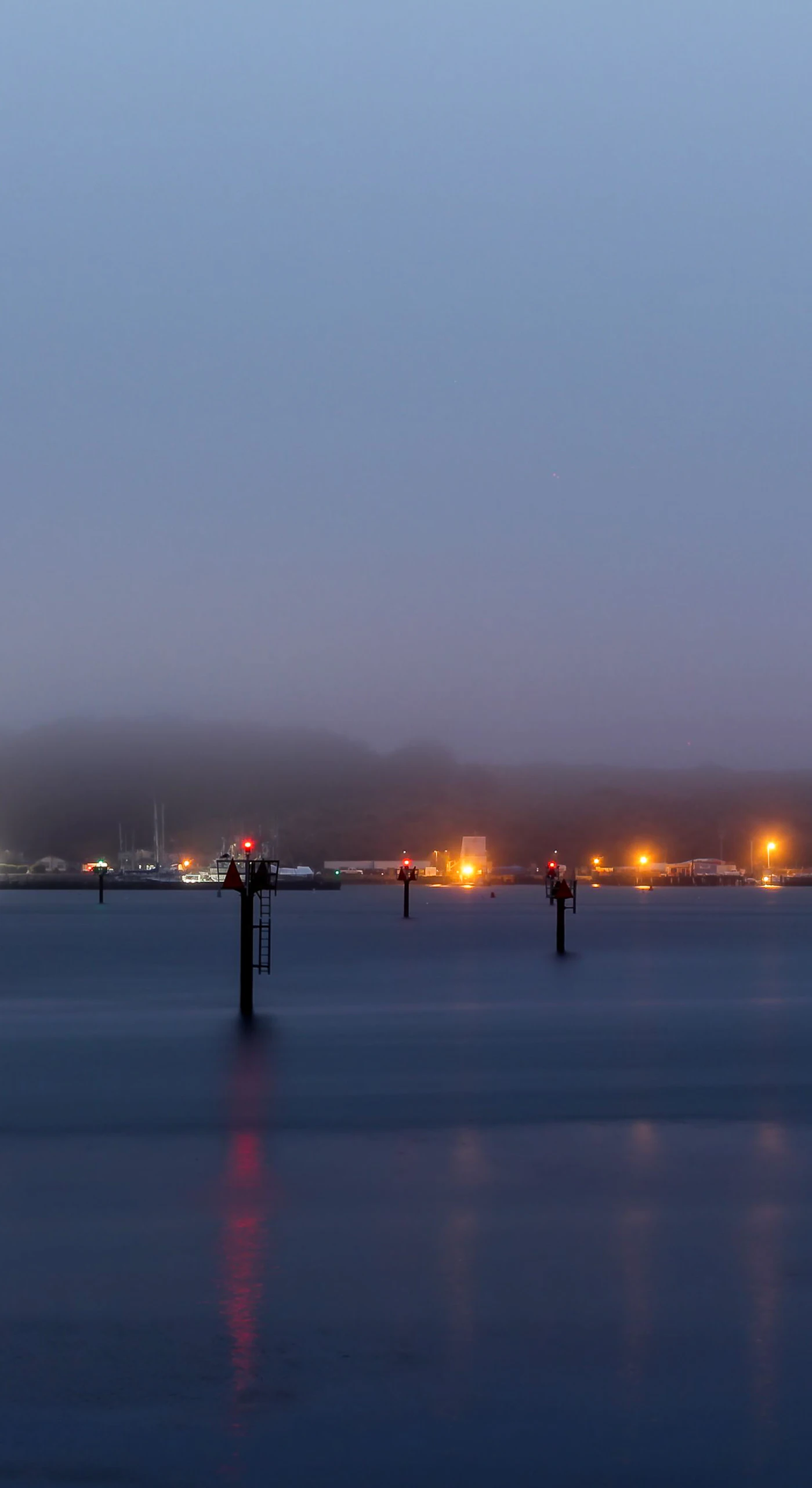 Harbor lights shimmer across the still bay waters as fog rolls in — your private evening show from the Sonoma Coast.