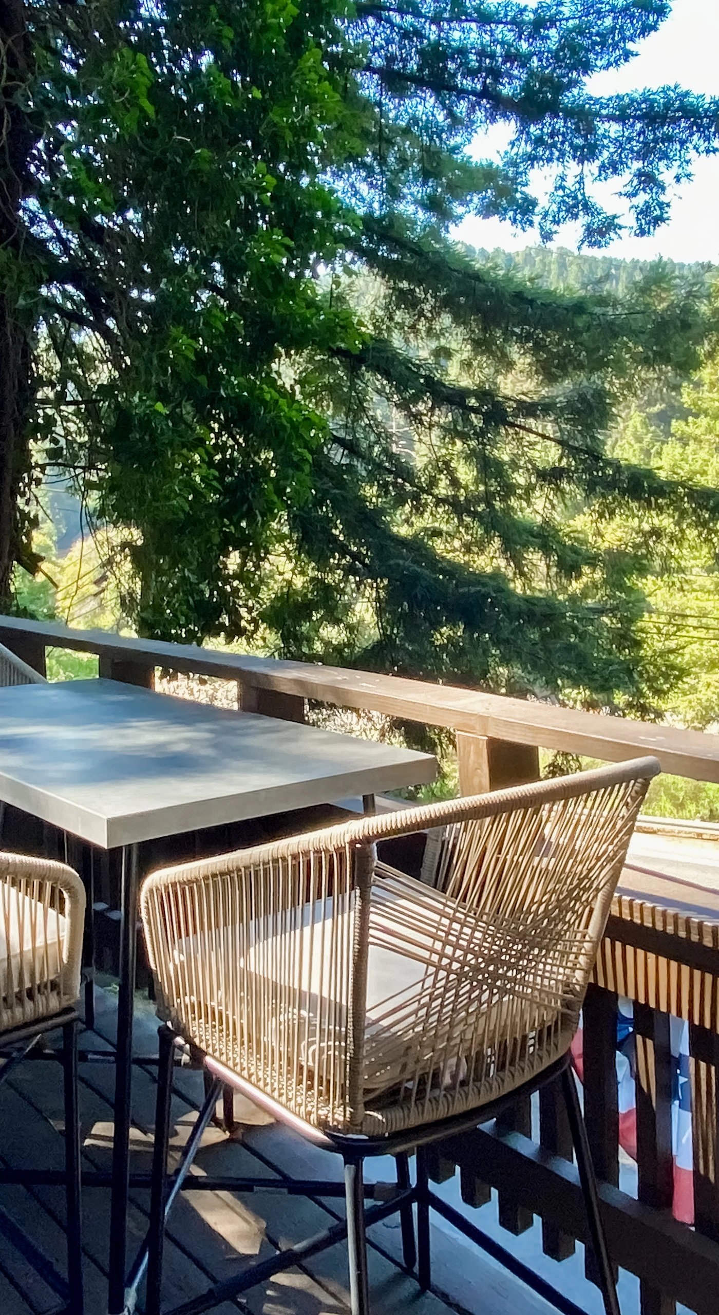 Pull up a wicker chair and dine alfresco on your sun-dappled deck — redwood branches arch overhead while the Russian River glimmers through the trees.