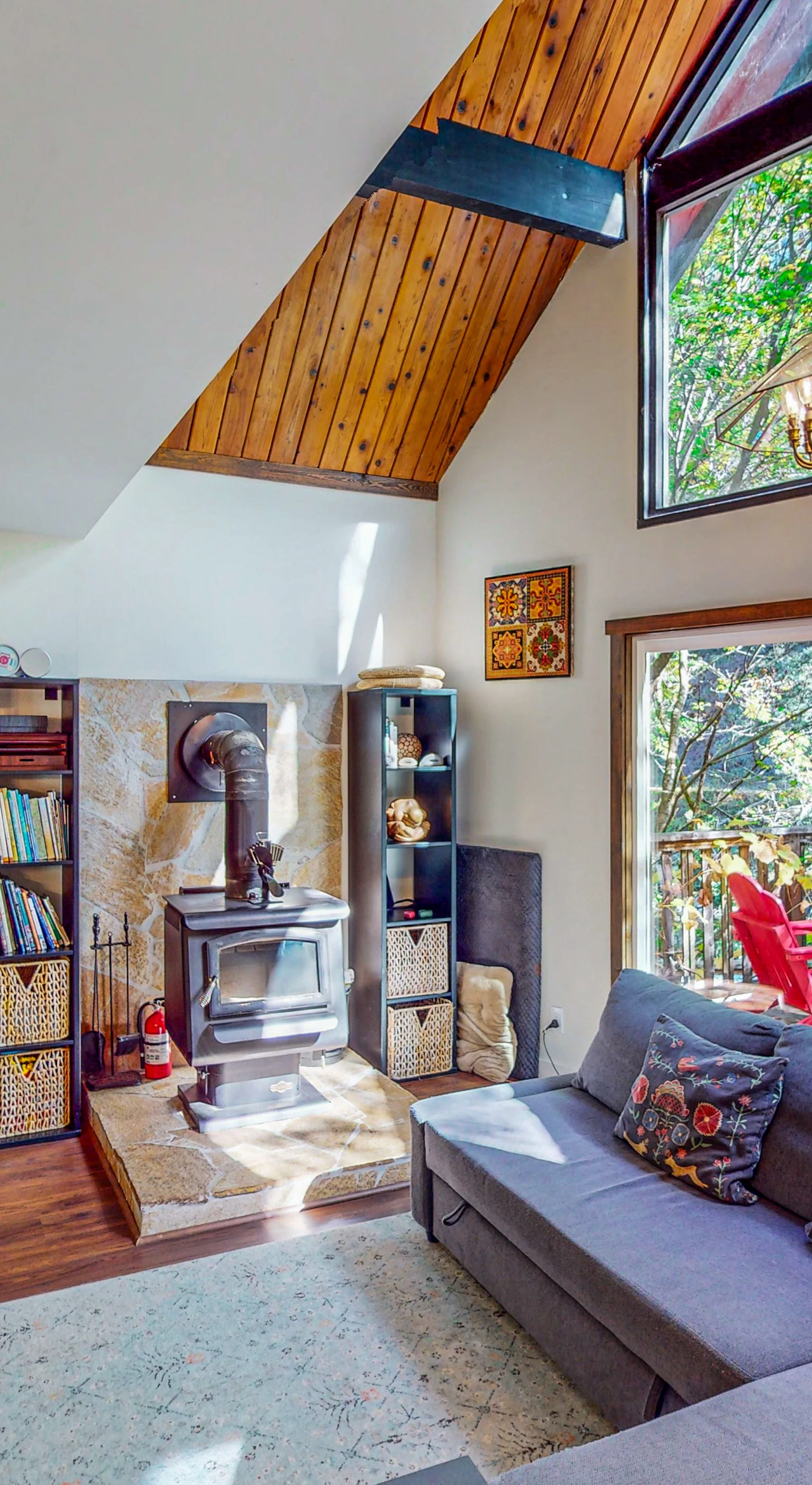 Curl up by the wood stove with a board game or a Sonoma County wine — your A-frame retreat glows with rustic character.
