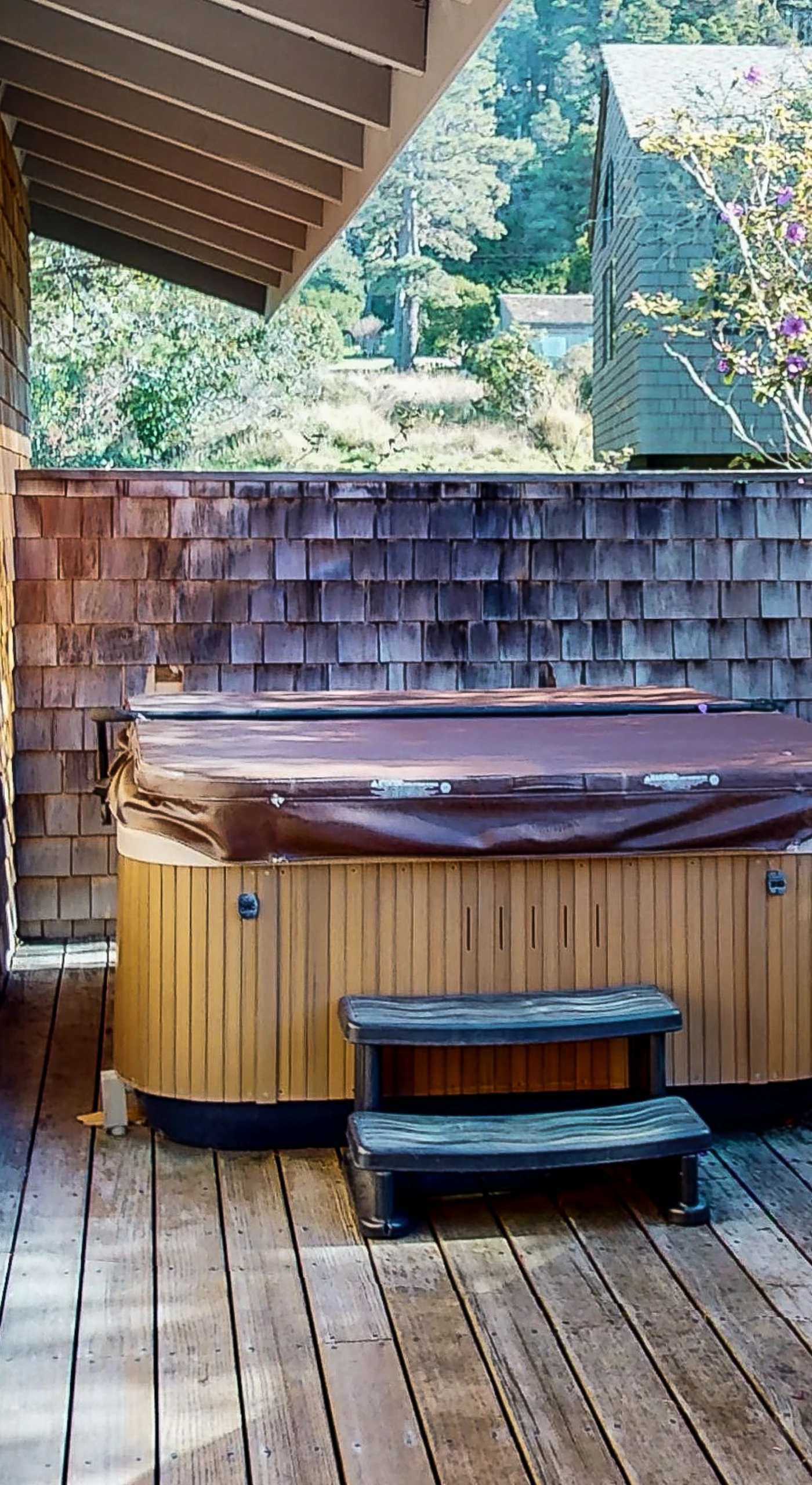 Soak your cares away in the private hot tub, nestled in a serene corner, perfect for starlit evenings or peaceful afternoons.