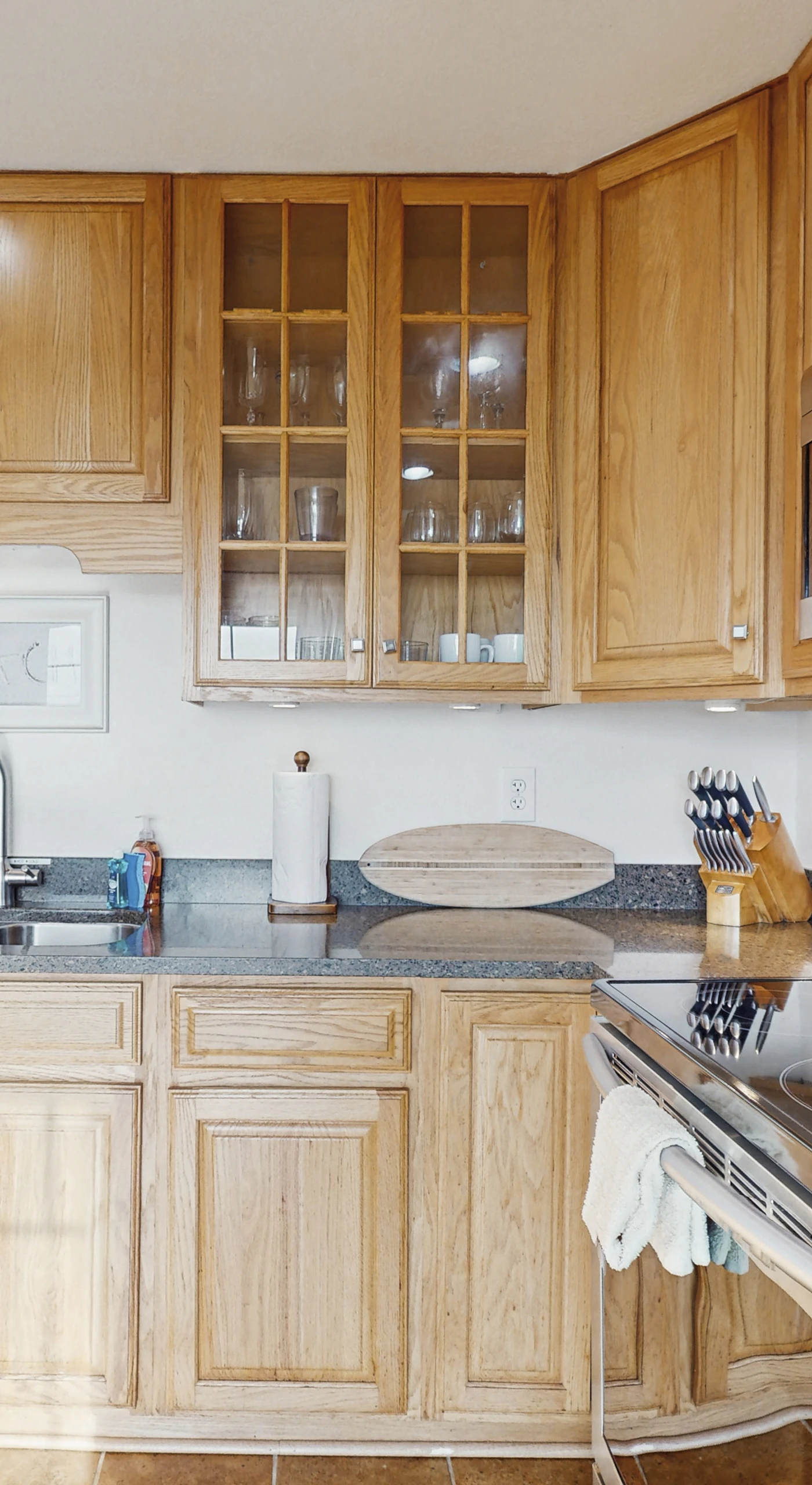Your Bodega Bay kitchen is stocked and ready — a coffee maker for foggy mornings, glass-front cabinets, and all the cookware you need for a Sonoma Coast feast.