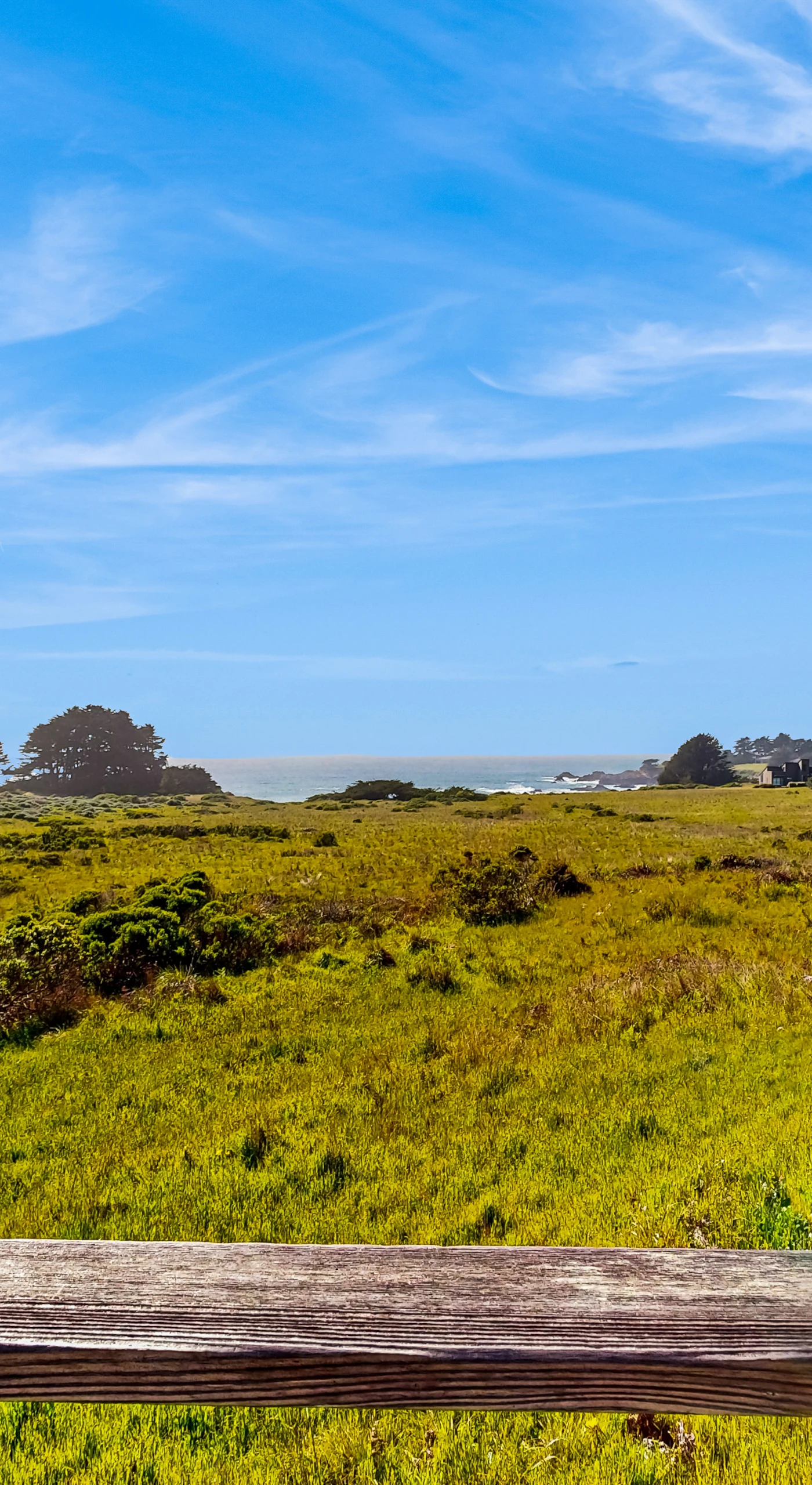 The serene landscape invites you to explore, with lush meadows leading your eyes to the horizon where the ocean meets the sky.