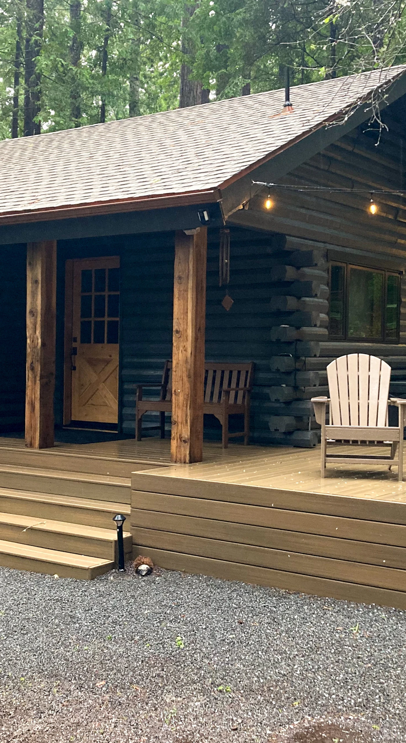 Step onto the inviting deck, where you can sip your morning coffee surrounded by towering redwoods and twinkling outdoor lights.