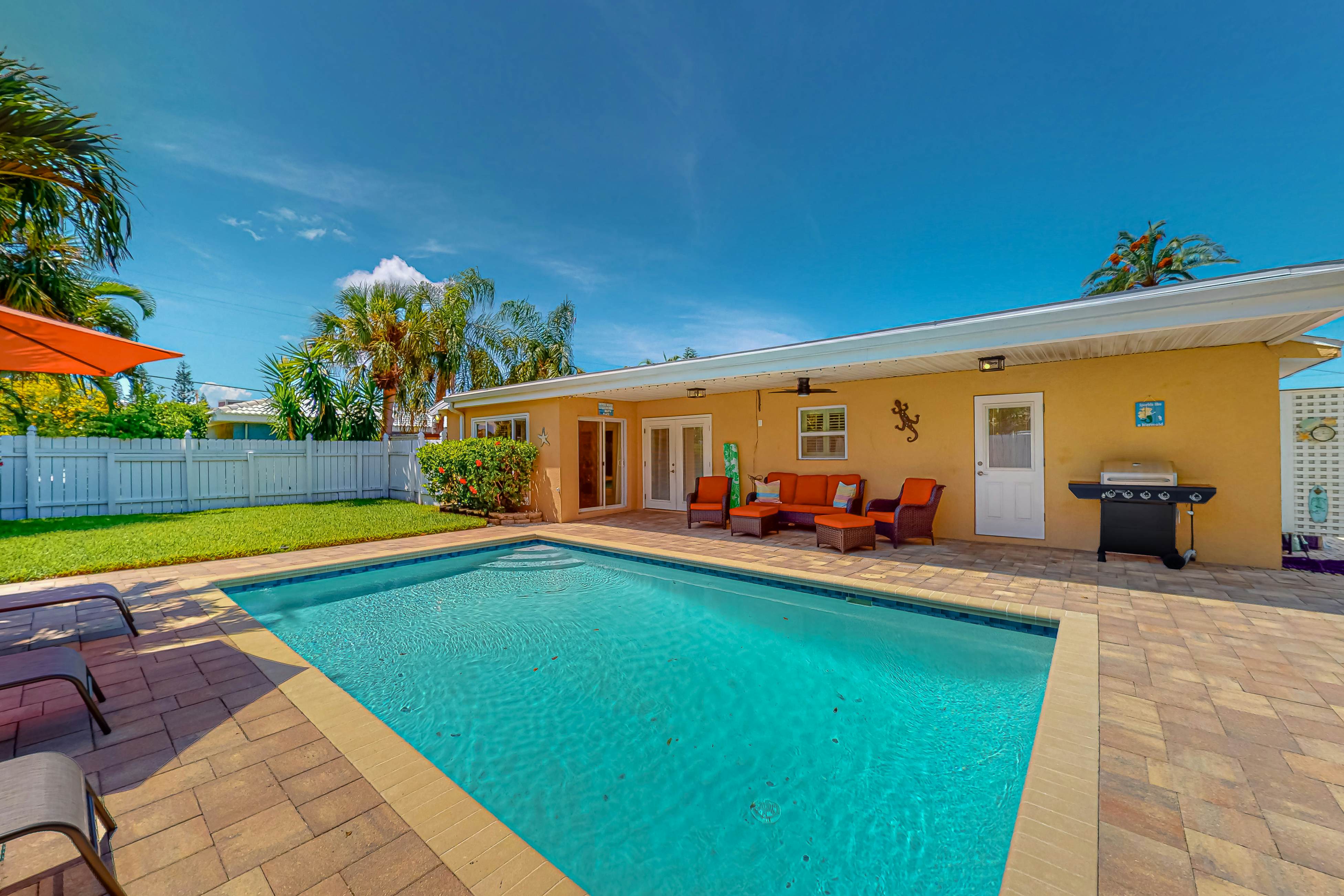 Dog-friendly home near beaches with private pool, enclosed backyard, grill, W/D