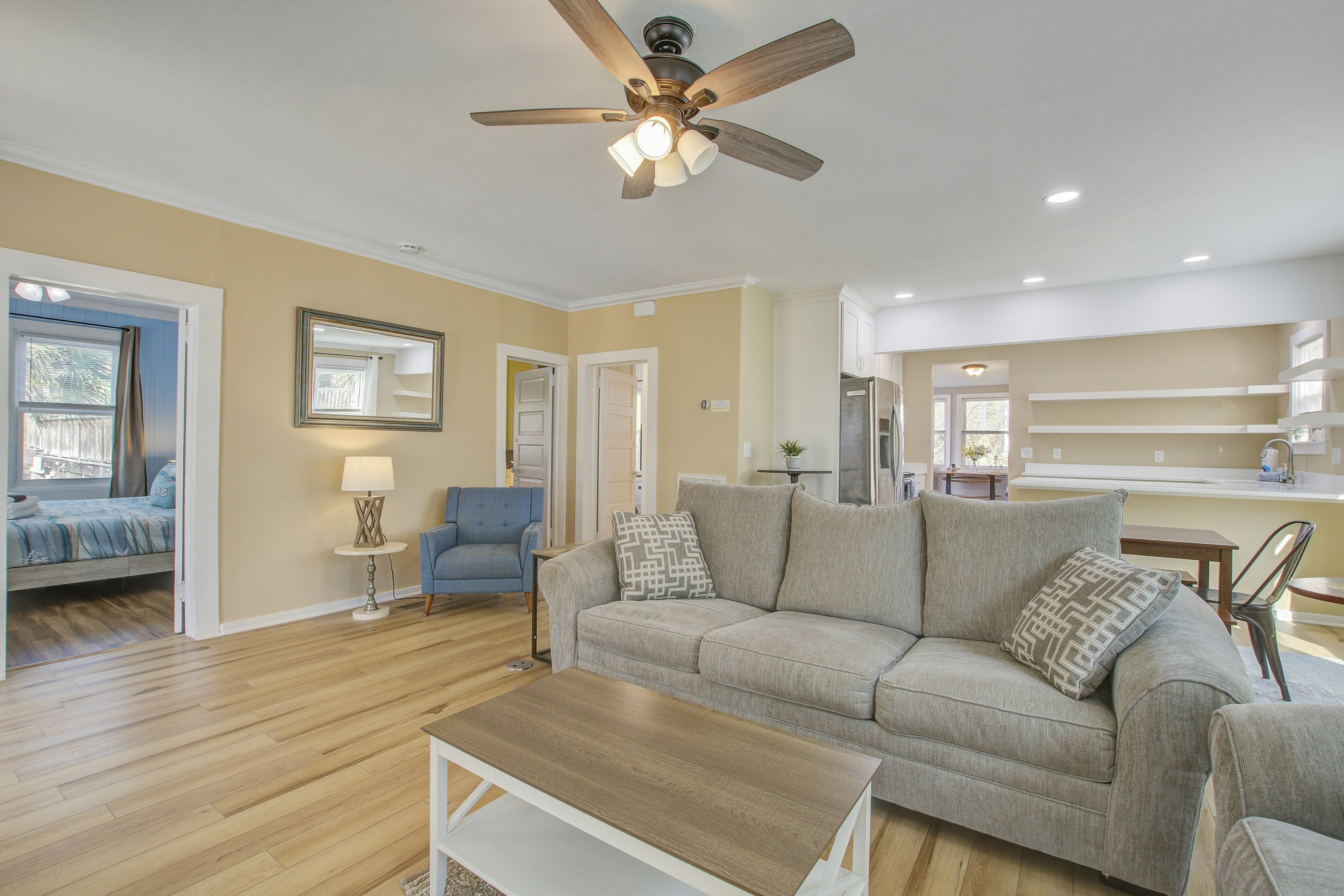 Charming home steps from beach with two full kitchens, deck, patio, WiFi & AC