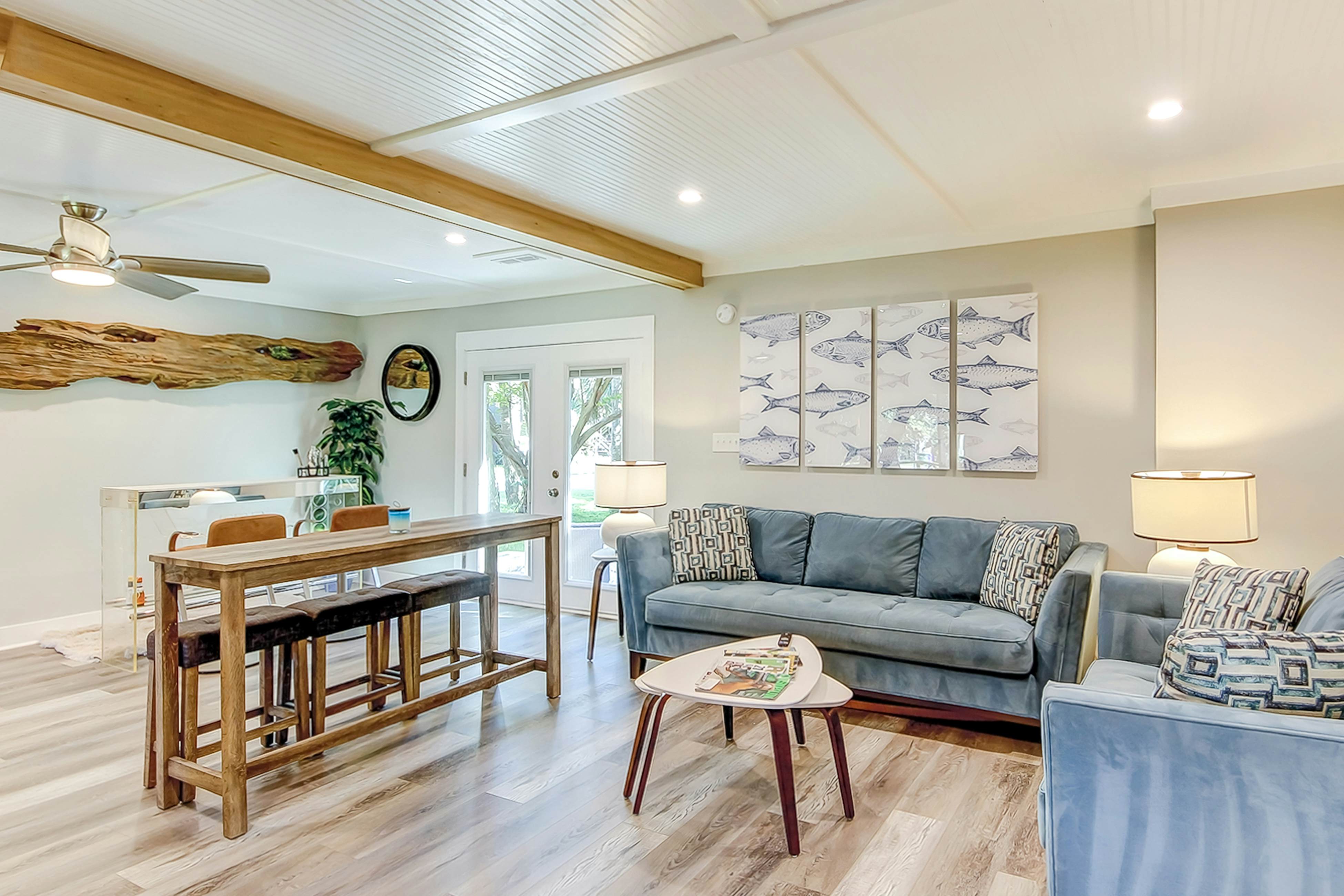 Colorful home steps to beach with patio, grill, WiFi, central AC, & W/D