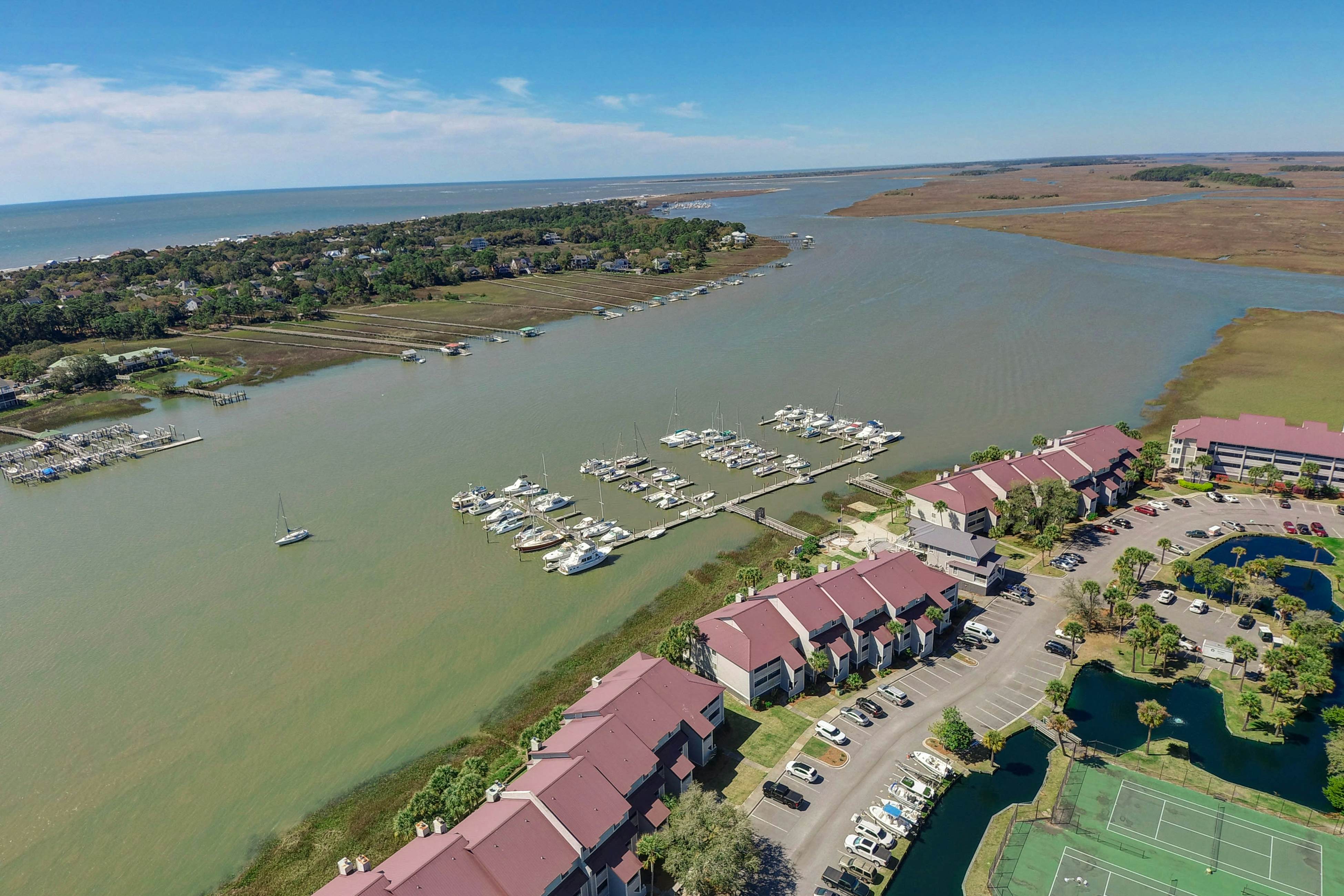 Marsh-view condo with on-site pool, tennis, & private balcony