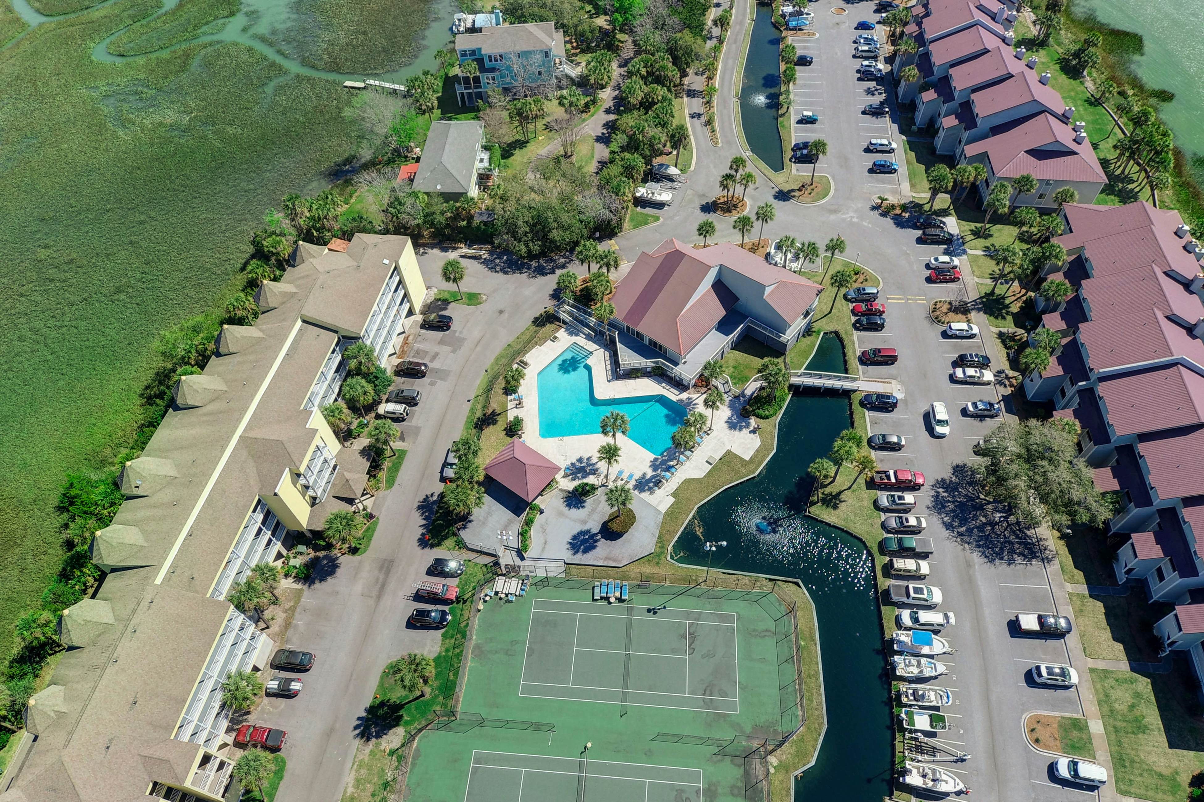 Marsh-view condo with on-site pool, tennis, & private balcony