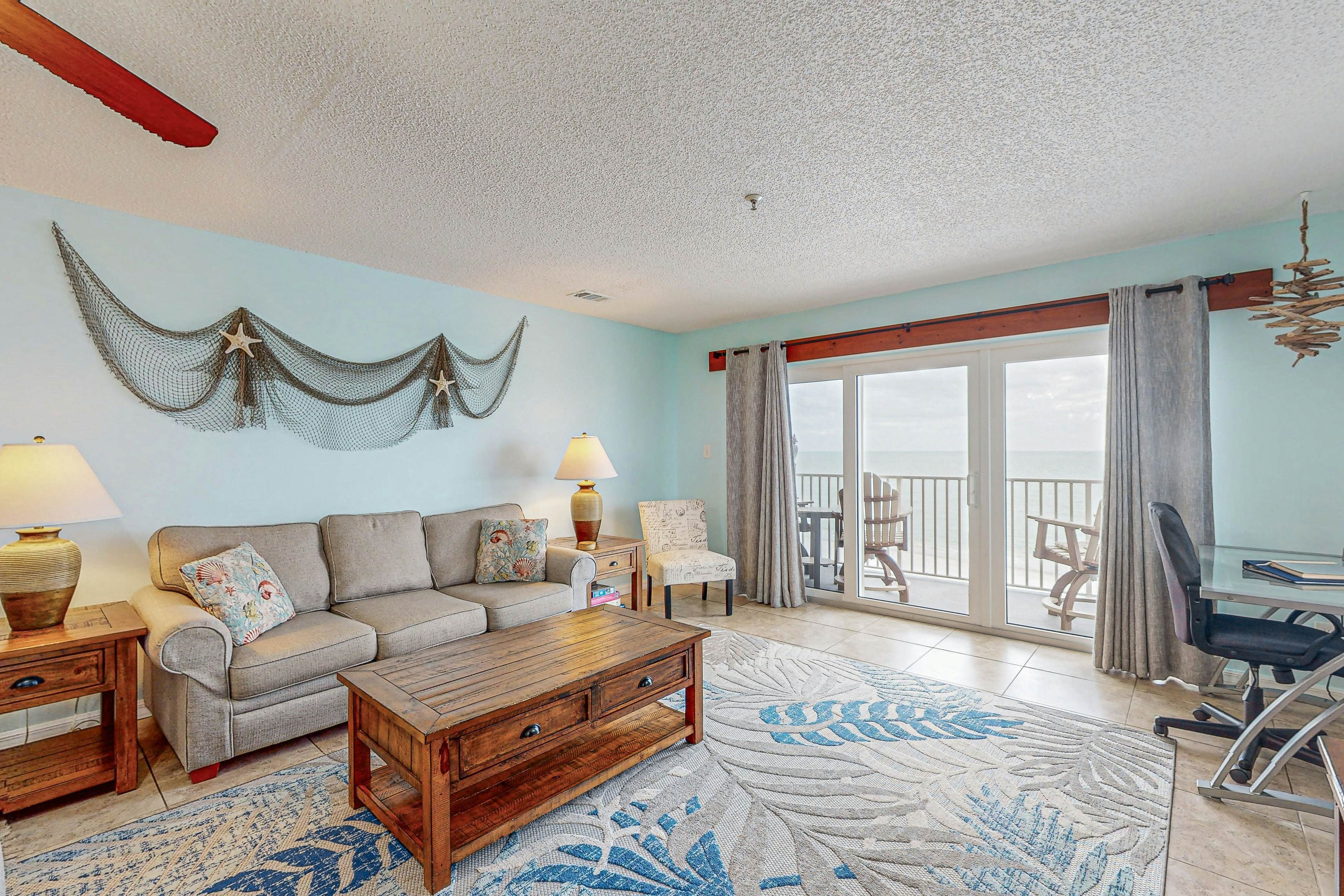 Upscale, beachfront condo with dual balconies, Gulf view, pool, hot tub & bocce