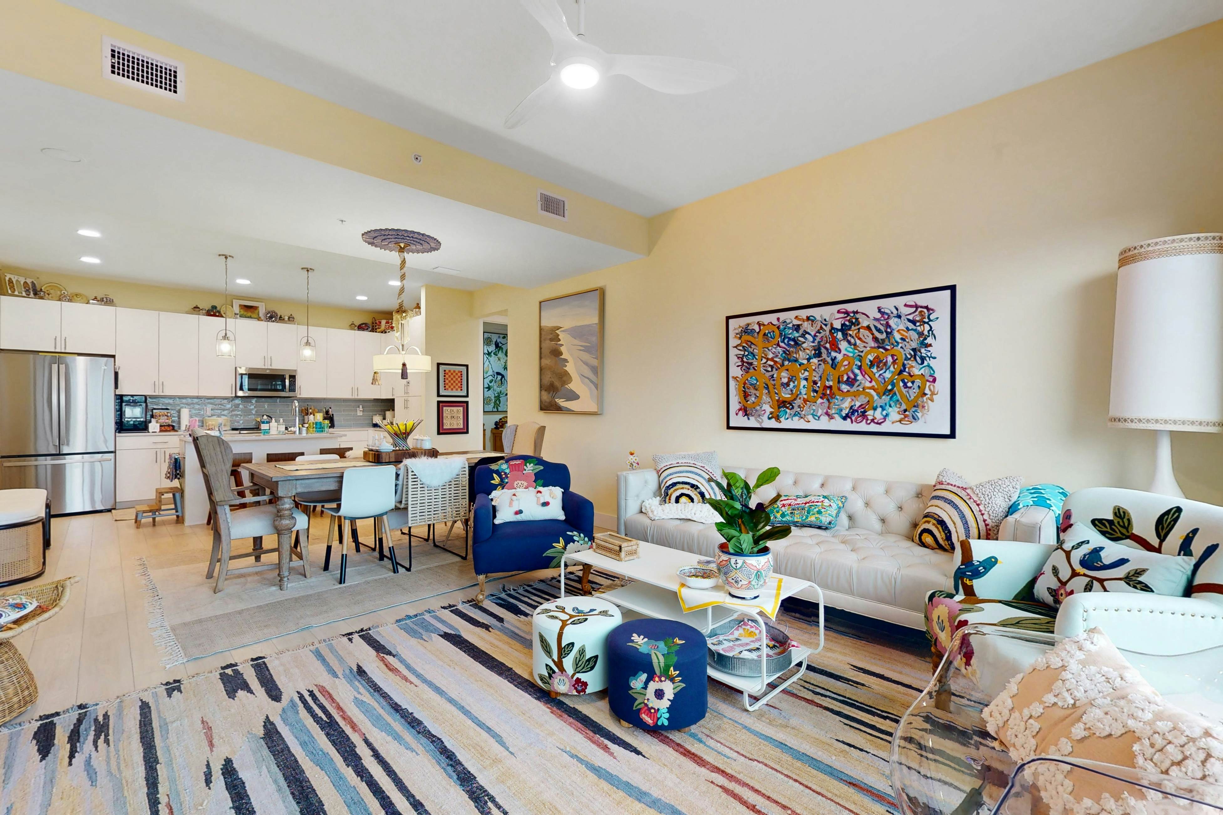 Sunlit & colorful beach condo with pool, hot tub, & balcony - near shore & shops