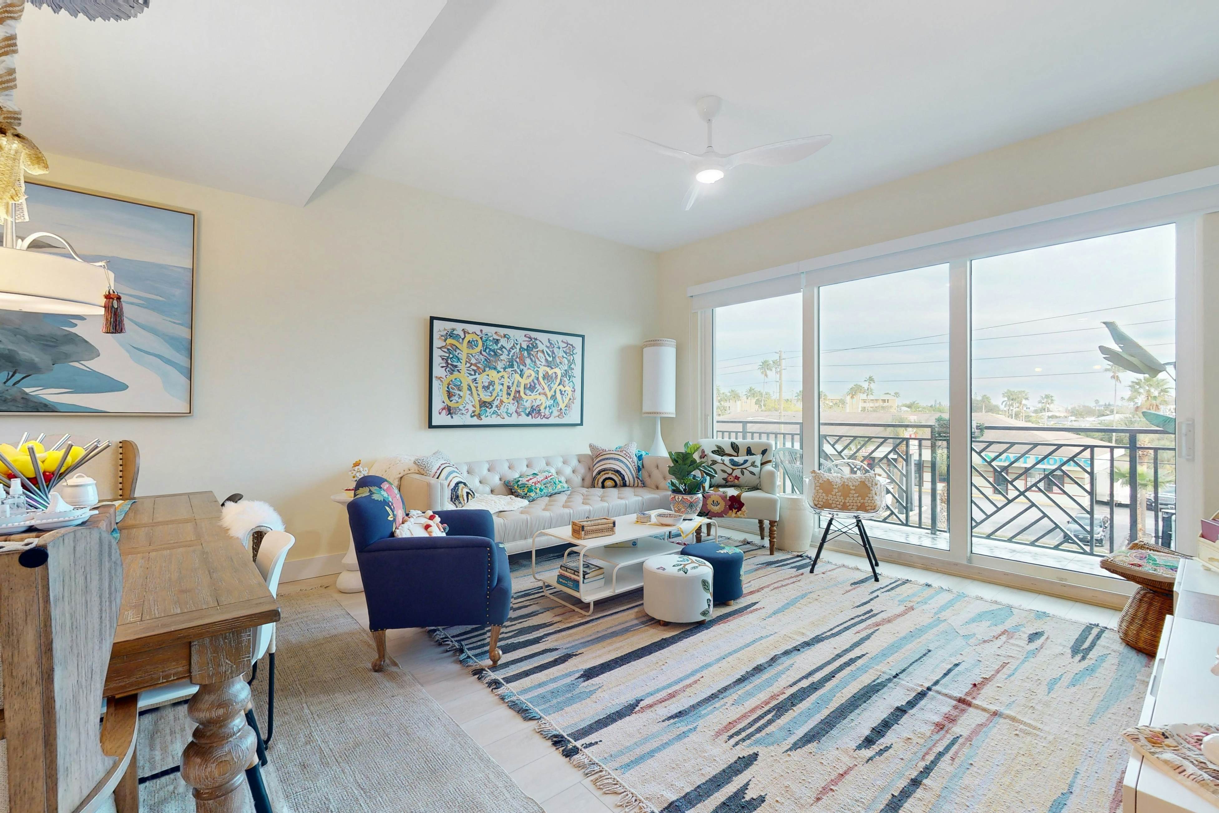 Sunlit & colorful beach condo with pool, hot tub, & balcony - near shore & shops