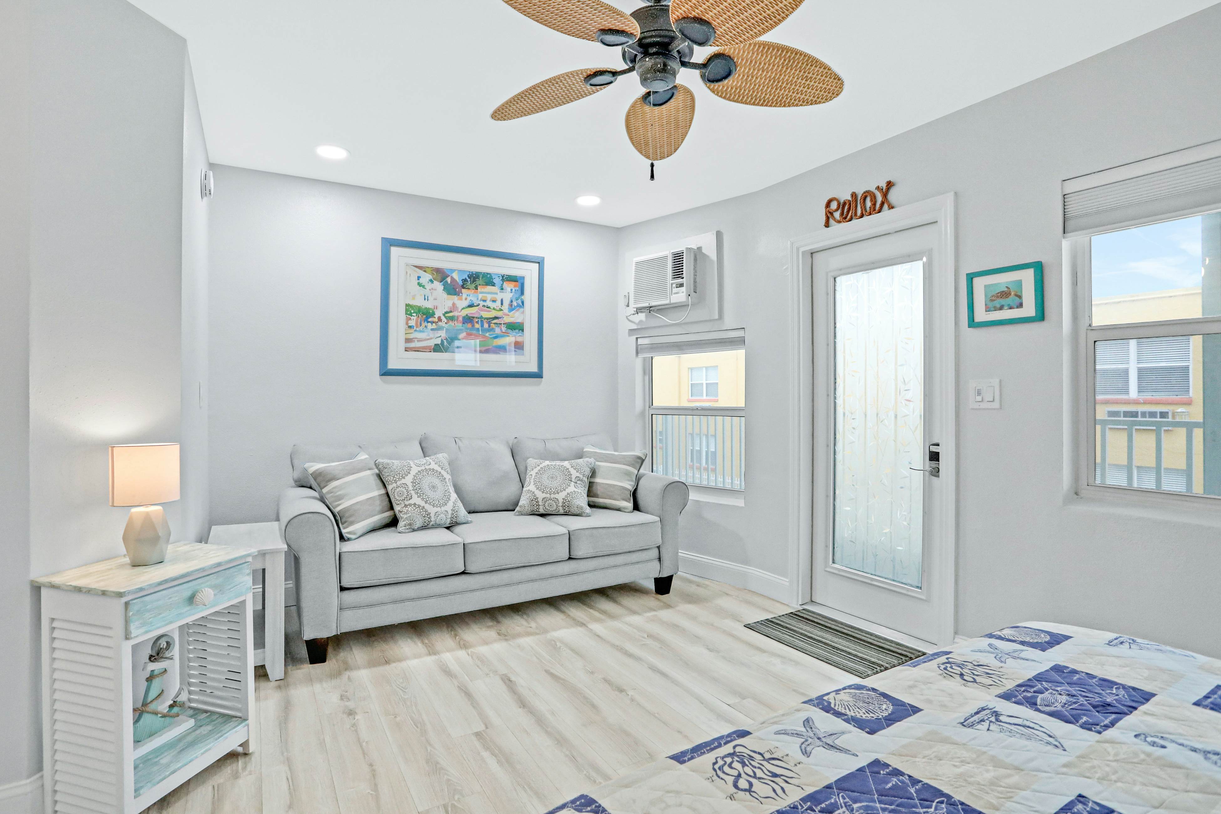 Beachfront studio with grilling area & shuffleboard - steps to sand