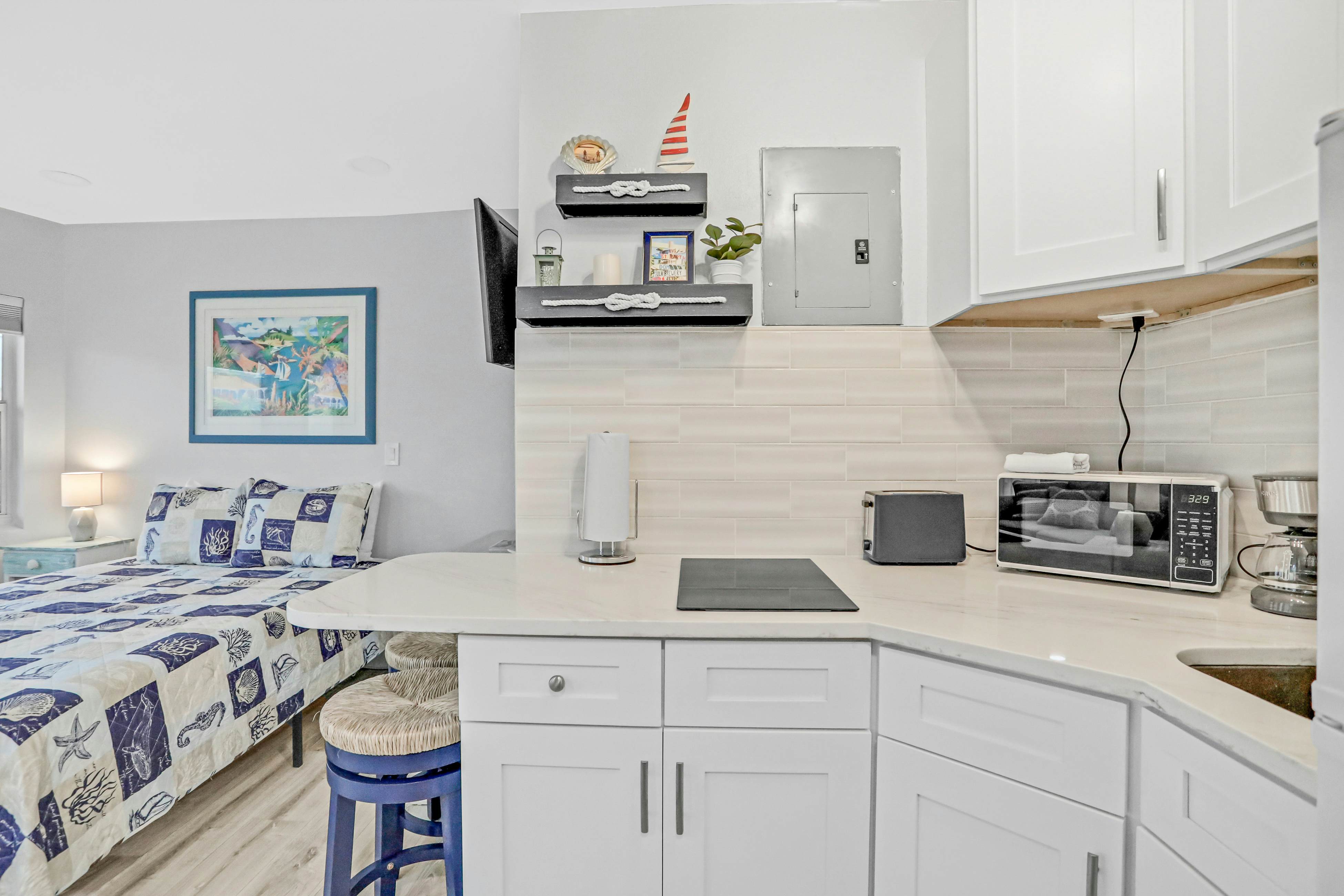 Beachfront studio with grilling area & shuffleboard - steps to sand