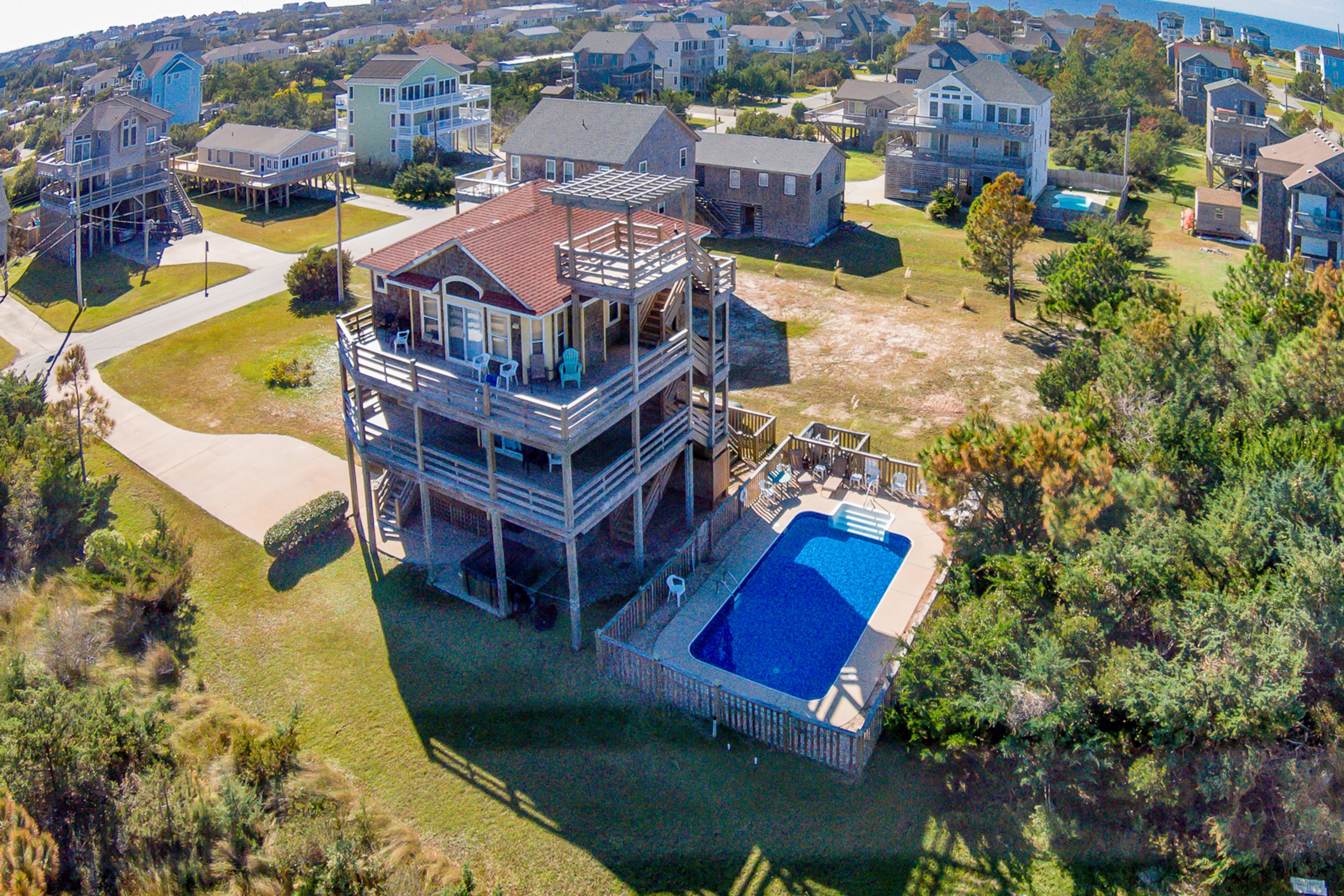 Ocean-view home with private pool, hot tub, two wraparound decks, & central AC