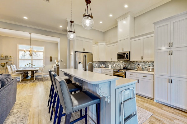 Golf course-view home near beaches with deck, porch, grill, streaming, W/D, & AC