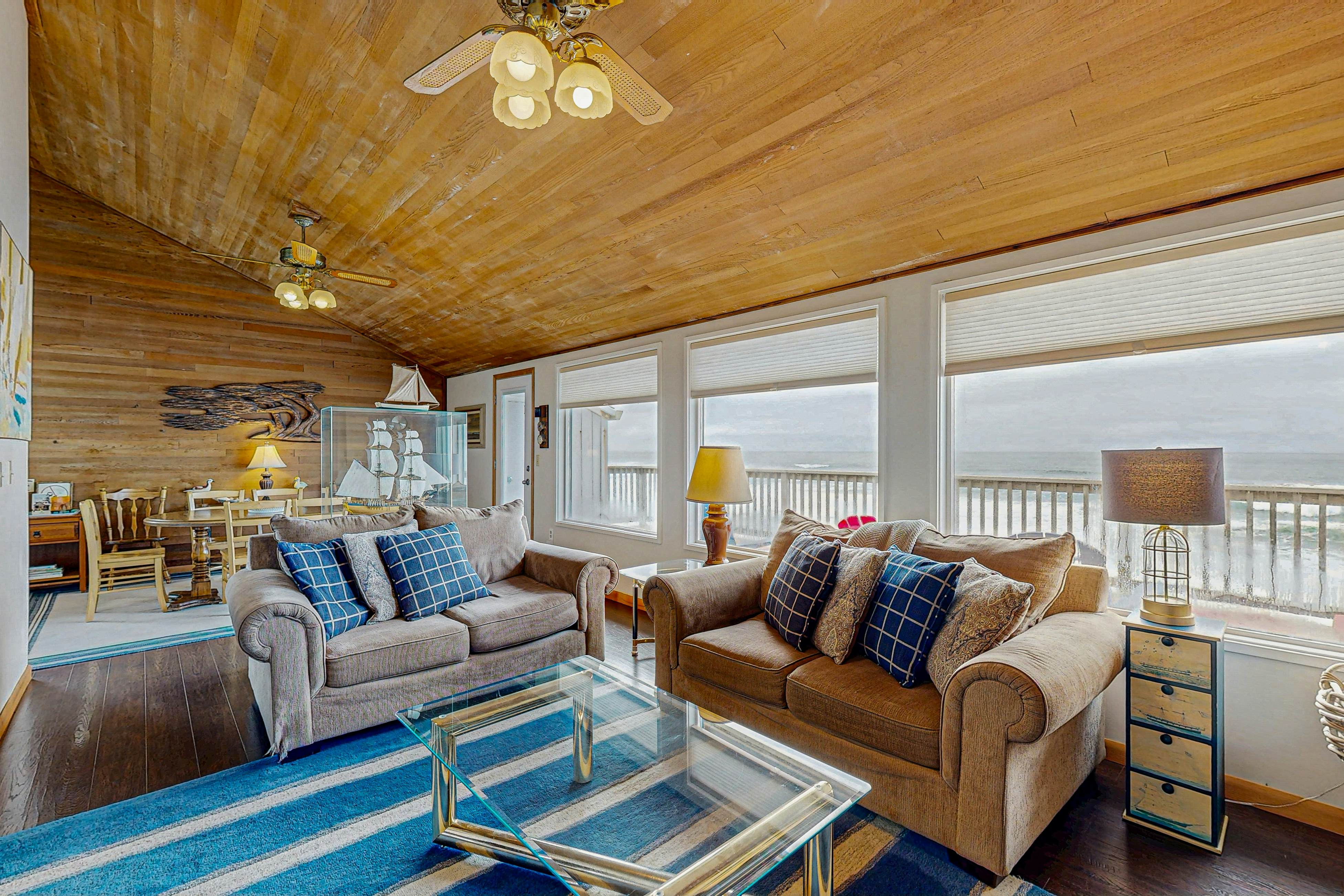 Dog-friendly home with oceanfront location & fireplace - walk to the beach