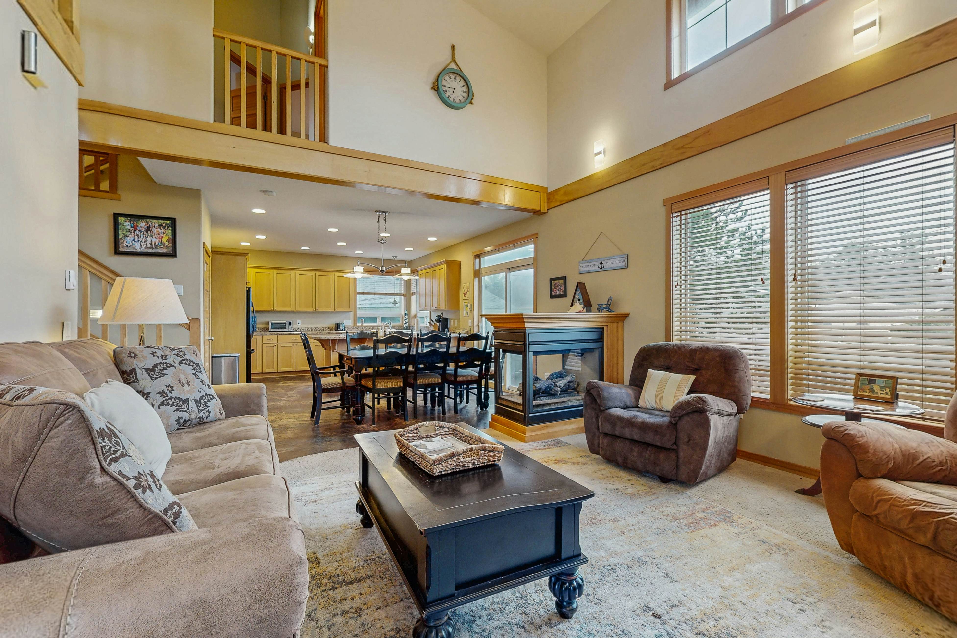 Family-friendly home with private hot tub, fireplace, & BBQ, close to beach