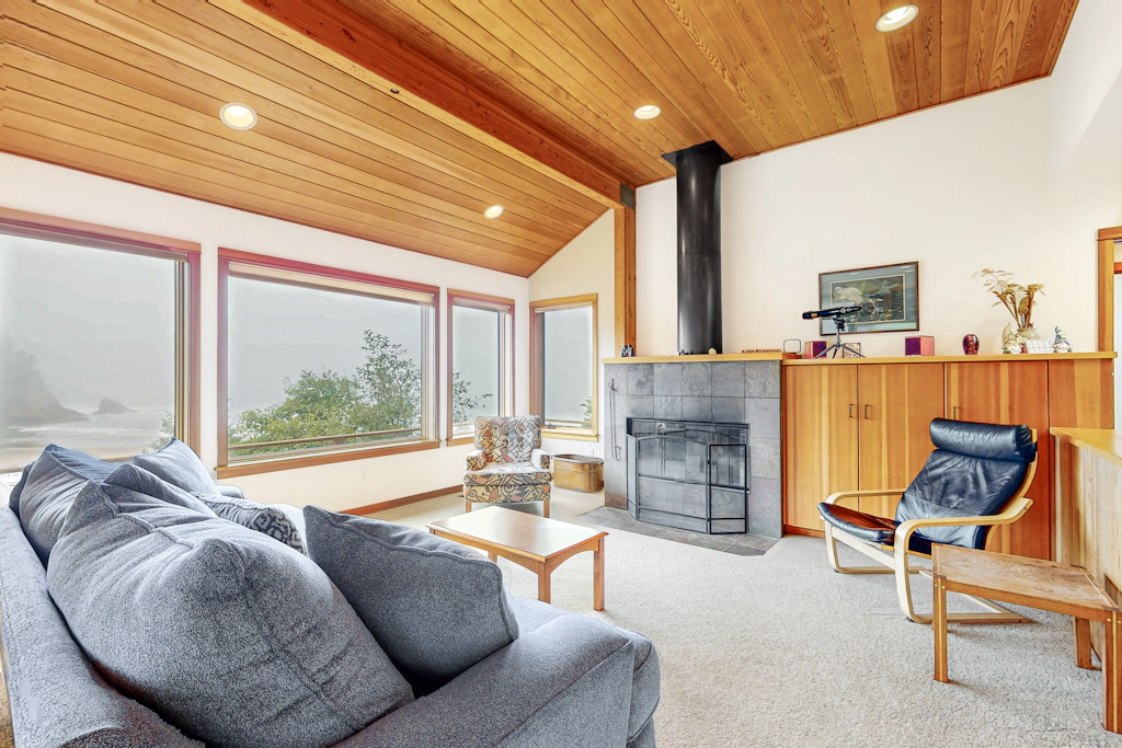 Ocean View Home with Two Decks Beach Access and Cozy Fireplace