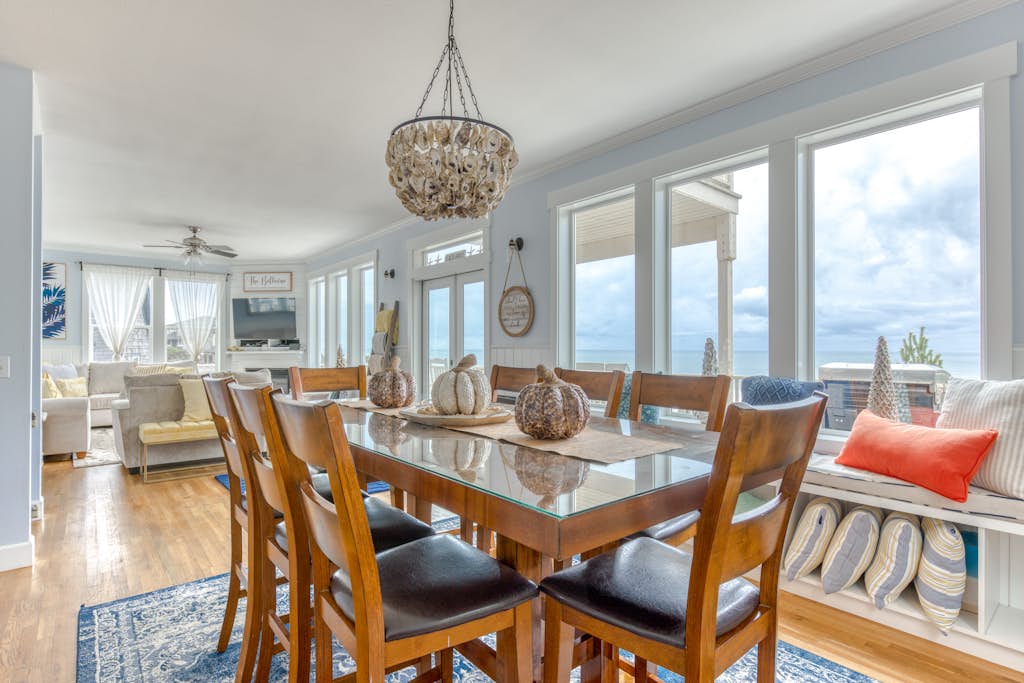 Ocean view home with hot tub game room furnished deck and fireplaces