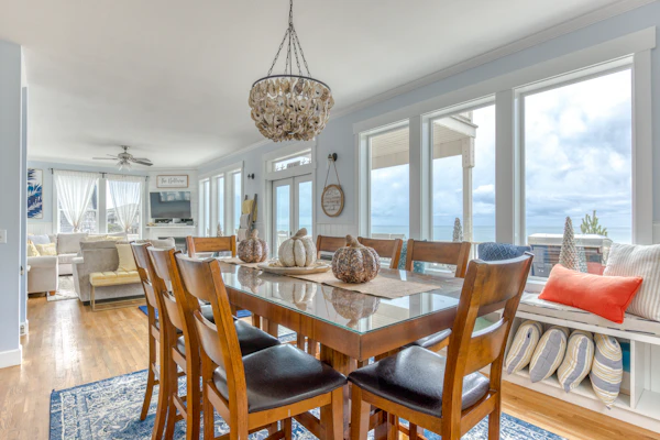 Ocean view home with hot tub game room furnished deck and fireplaces