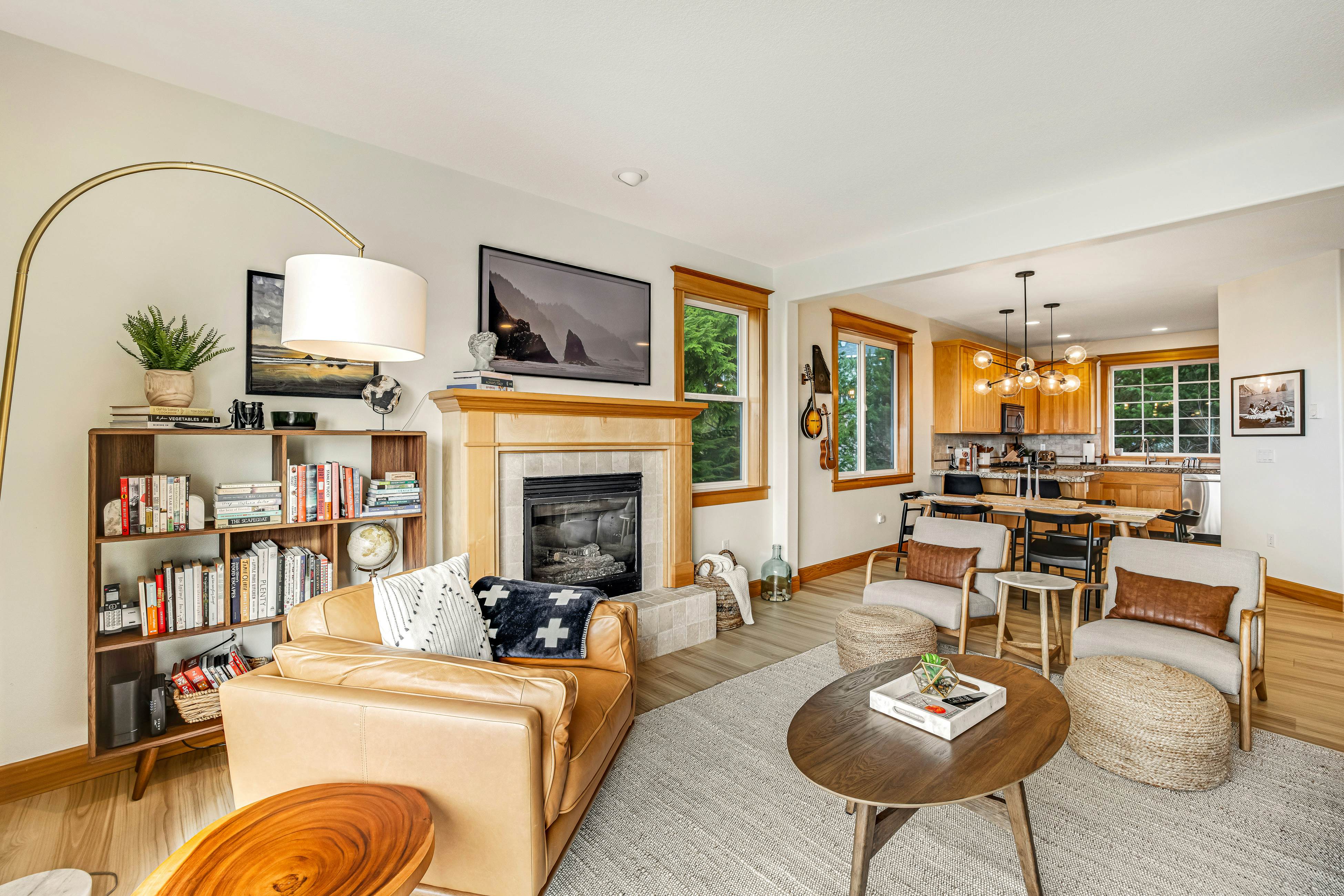 Dog-friendly home with ocean views, deck, washer/dryer, grill, & fireplace