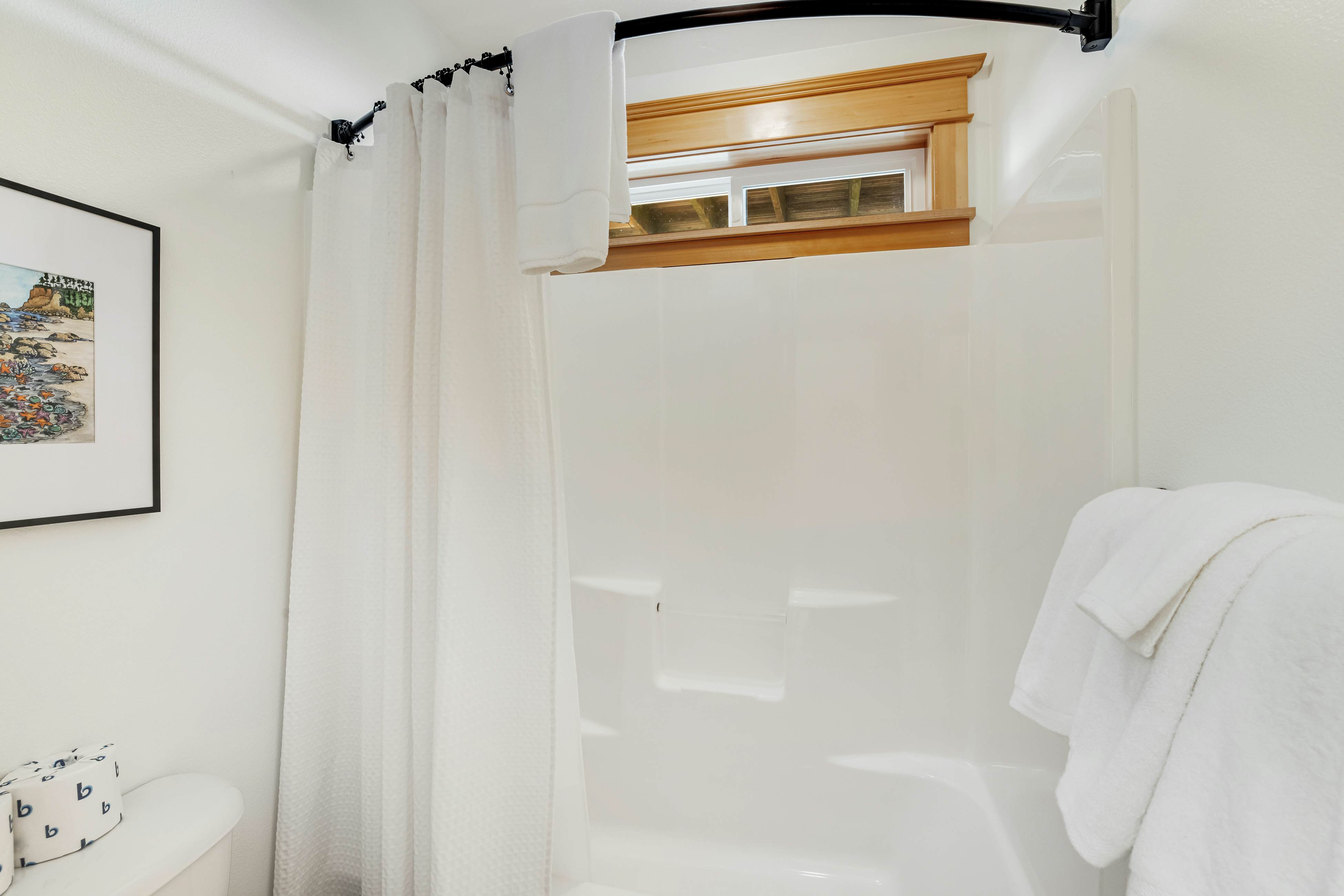 Dog-friendly home with ocean views, deck, washer/dryer, grill, & fireplace