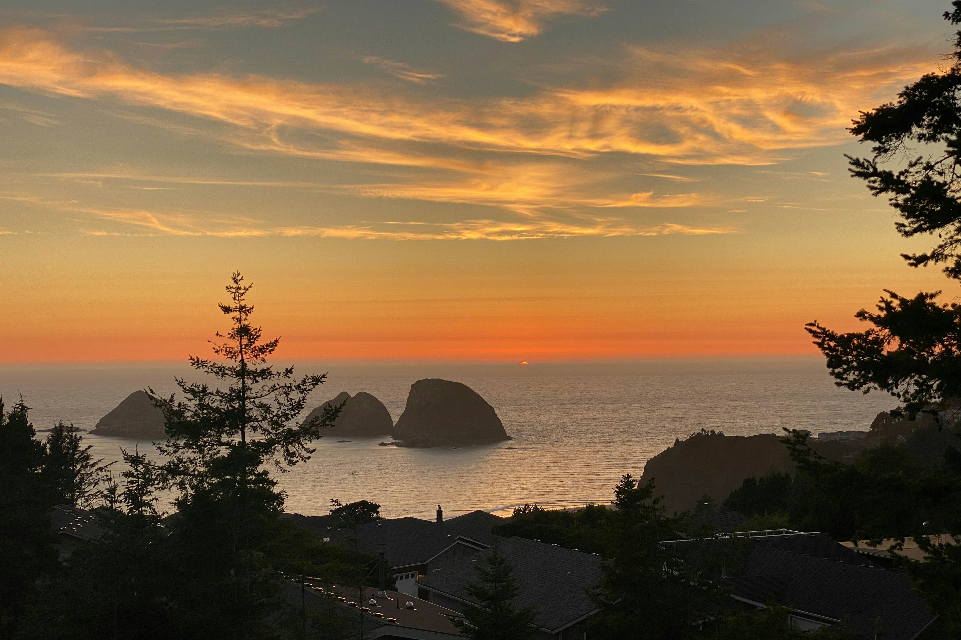 Dog-friendly home with ocean views, deck, washer/dryer, grill, & fireplace