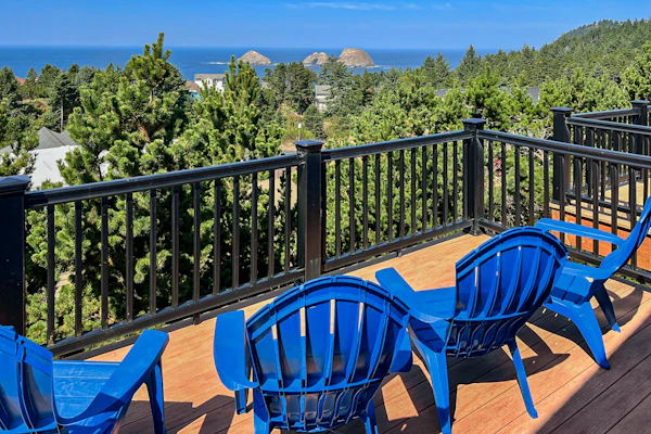 Sweeping ocean view home with fireplace grill and foosball table dog friendly