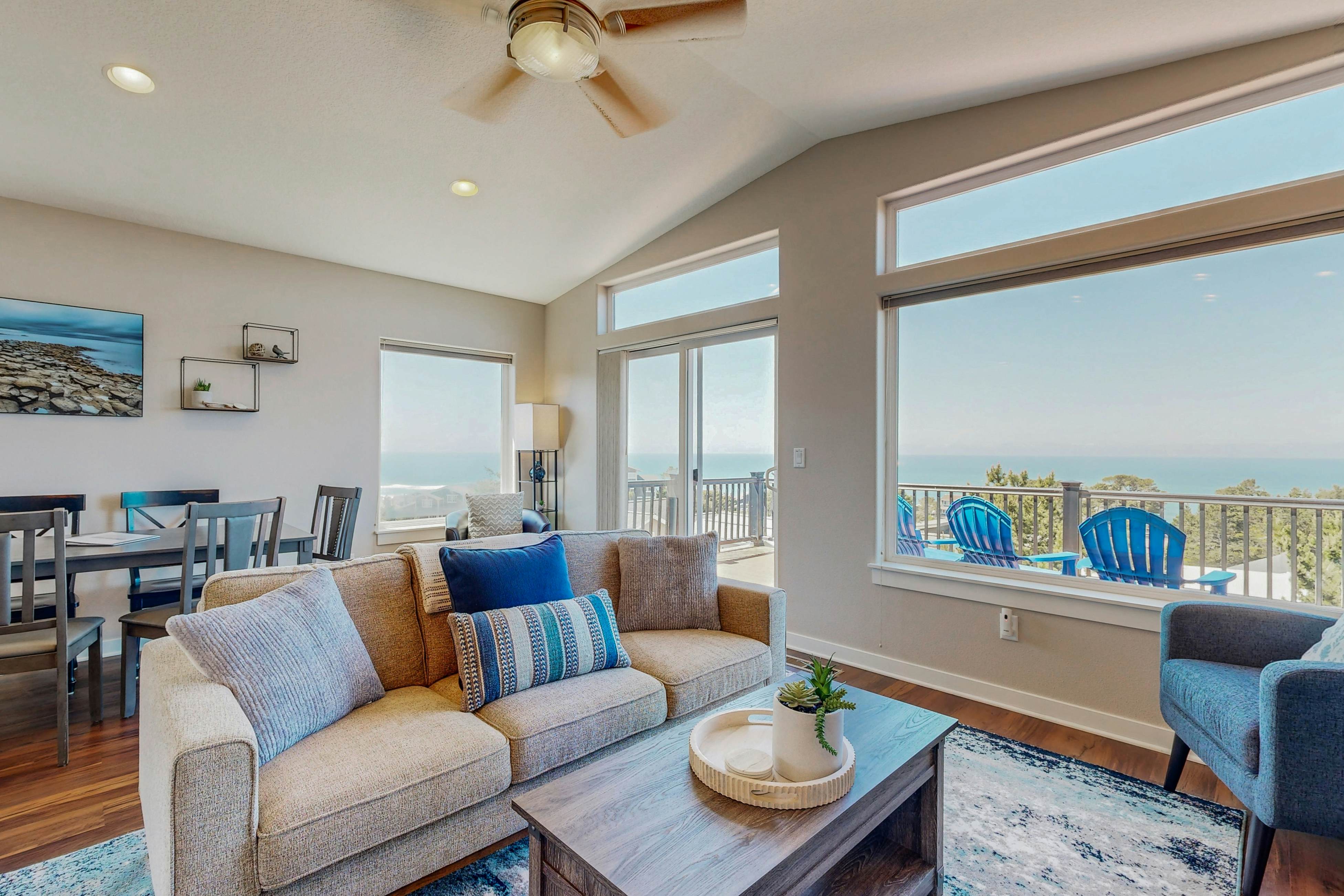 Sweeping ocean-view home with fireplace, grill, & foosball table - dog-friendly