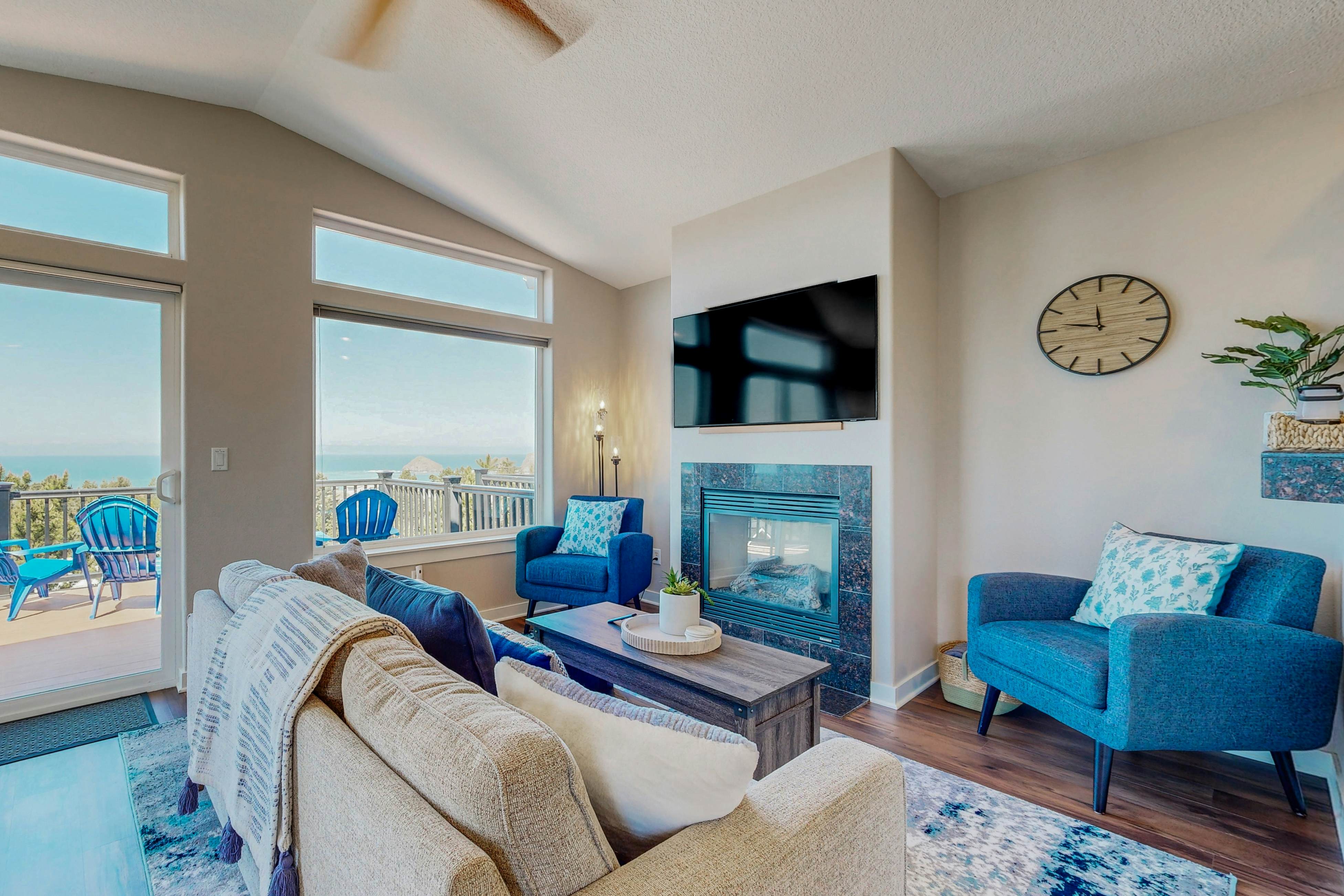 Sweeping ocean-view home with fireplace, grill, & foosball table - dog-friendly