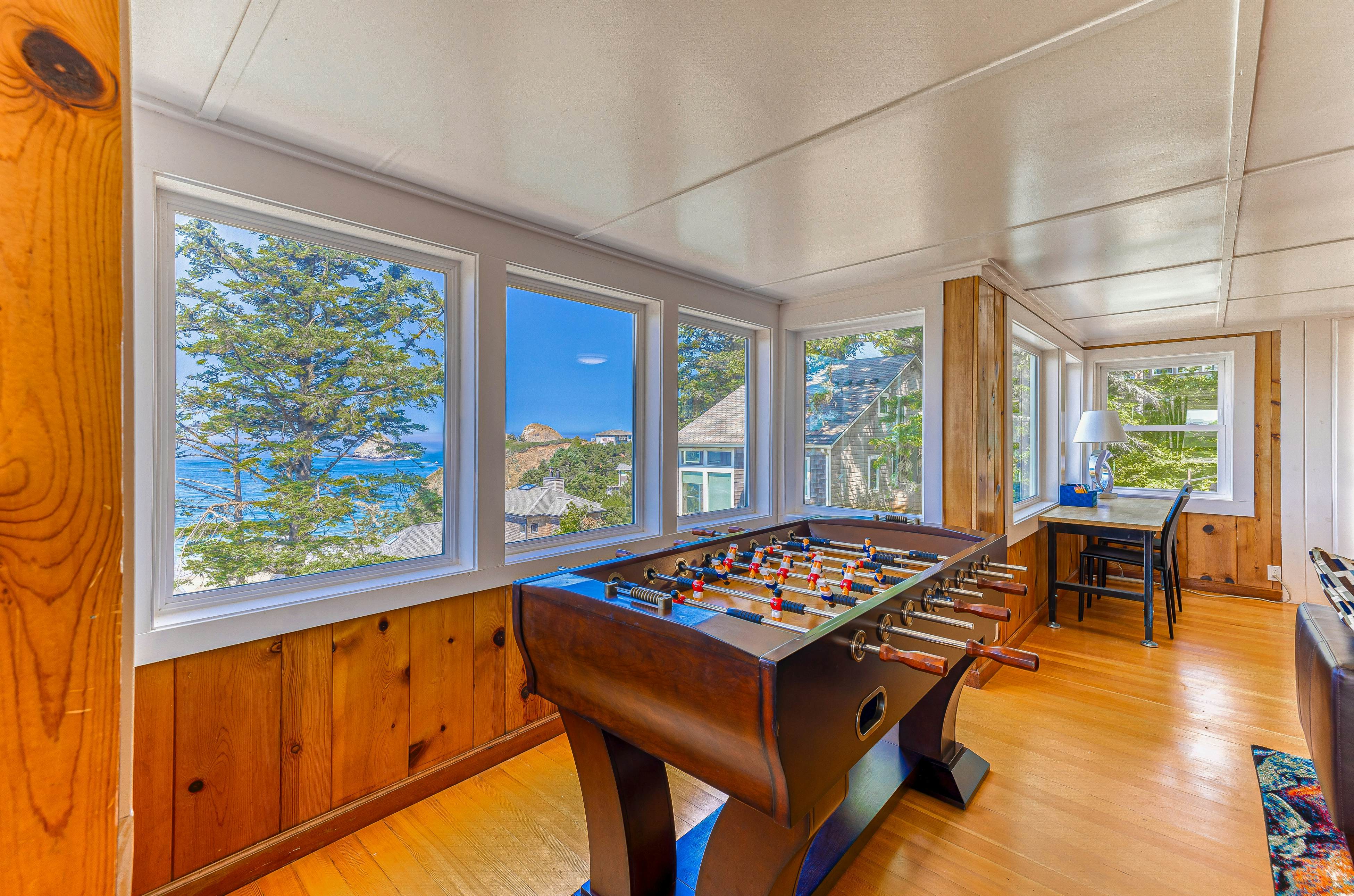 Spacious ocean view home with wood fireplace, grill, & deck - dog-friendly