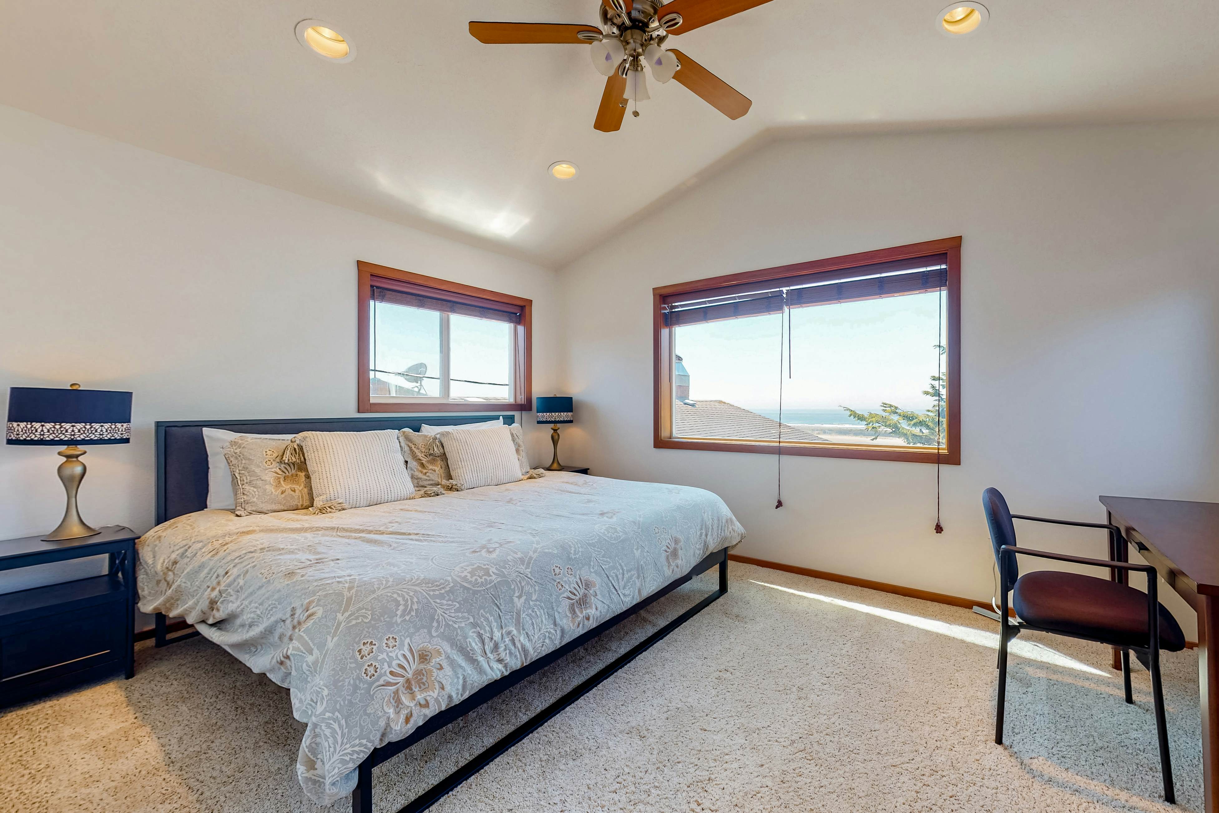 Ocean-view dog-friendly home with hot tub, large lawn, home office, & Ping-Pong