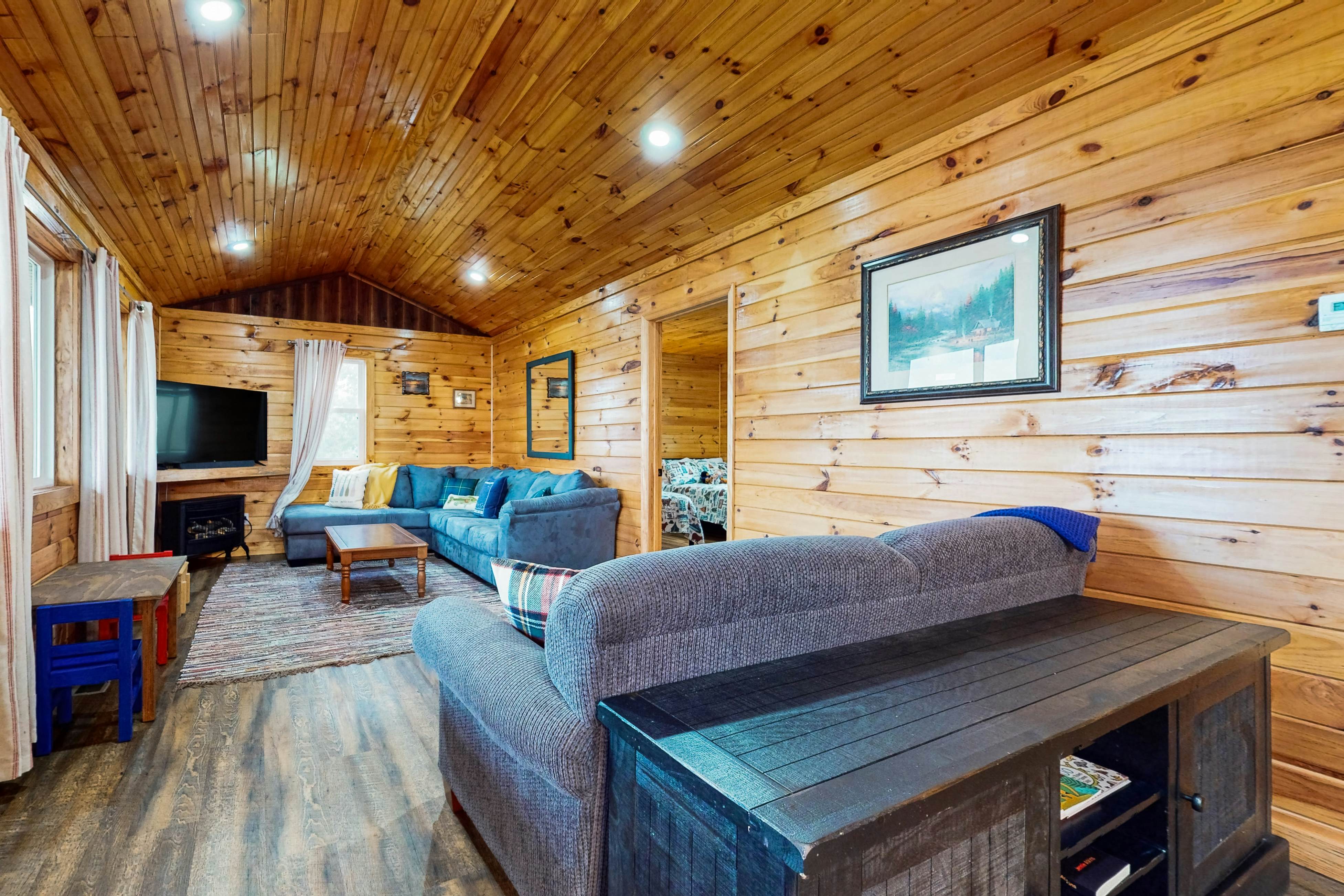 Lovely dog-friendly cabin overlooking the river w/kids games, Wi-Fi