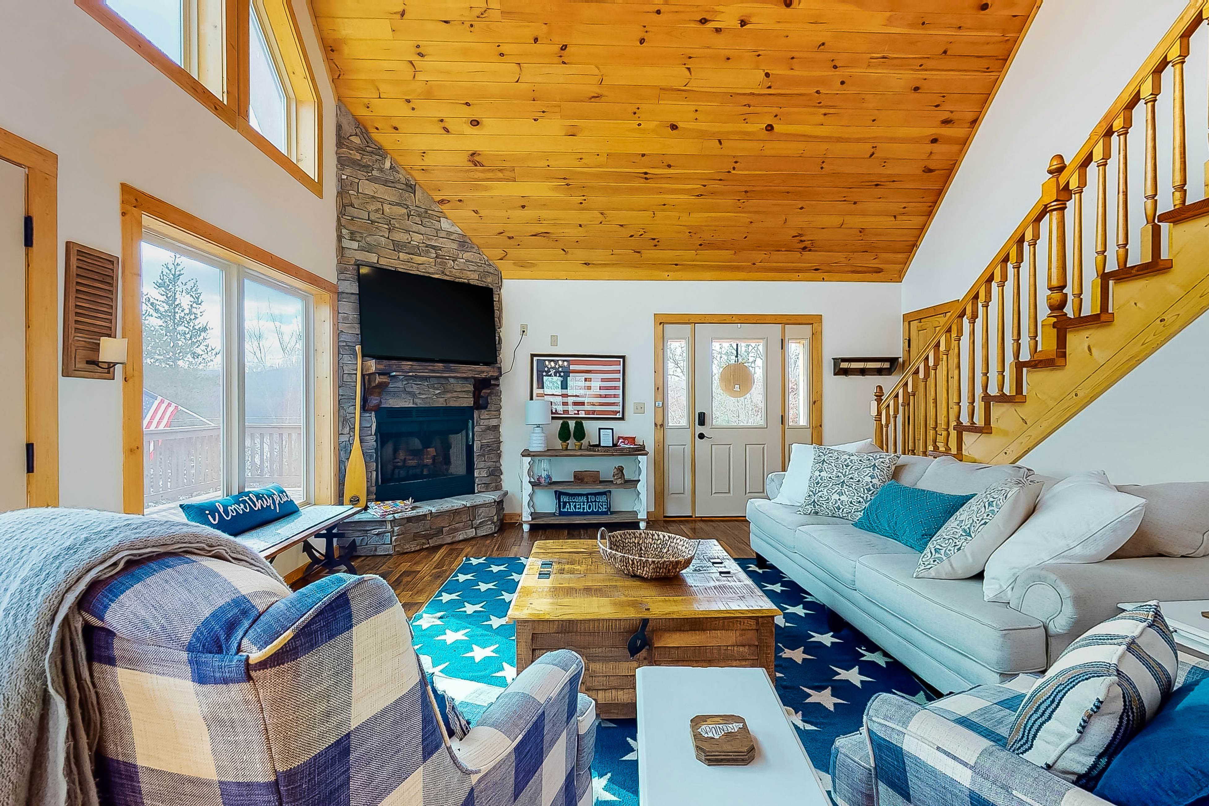 Dog-friendly lakefront house with hot tub, central AC, & mountain view