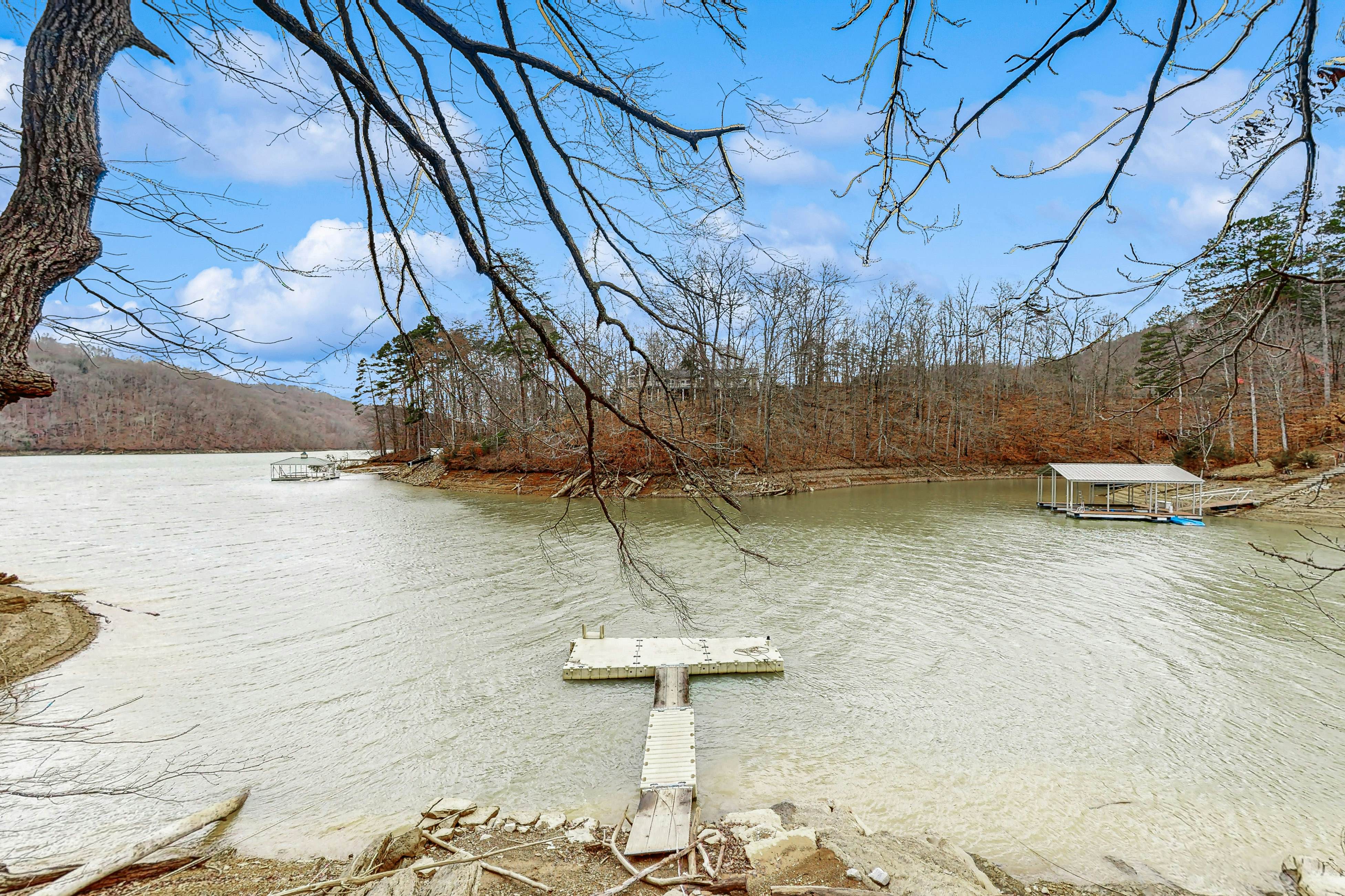 Dog-friendly lake home with private floating dock - jetted tub, firepit, & decks