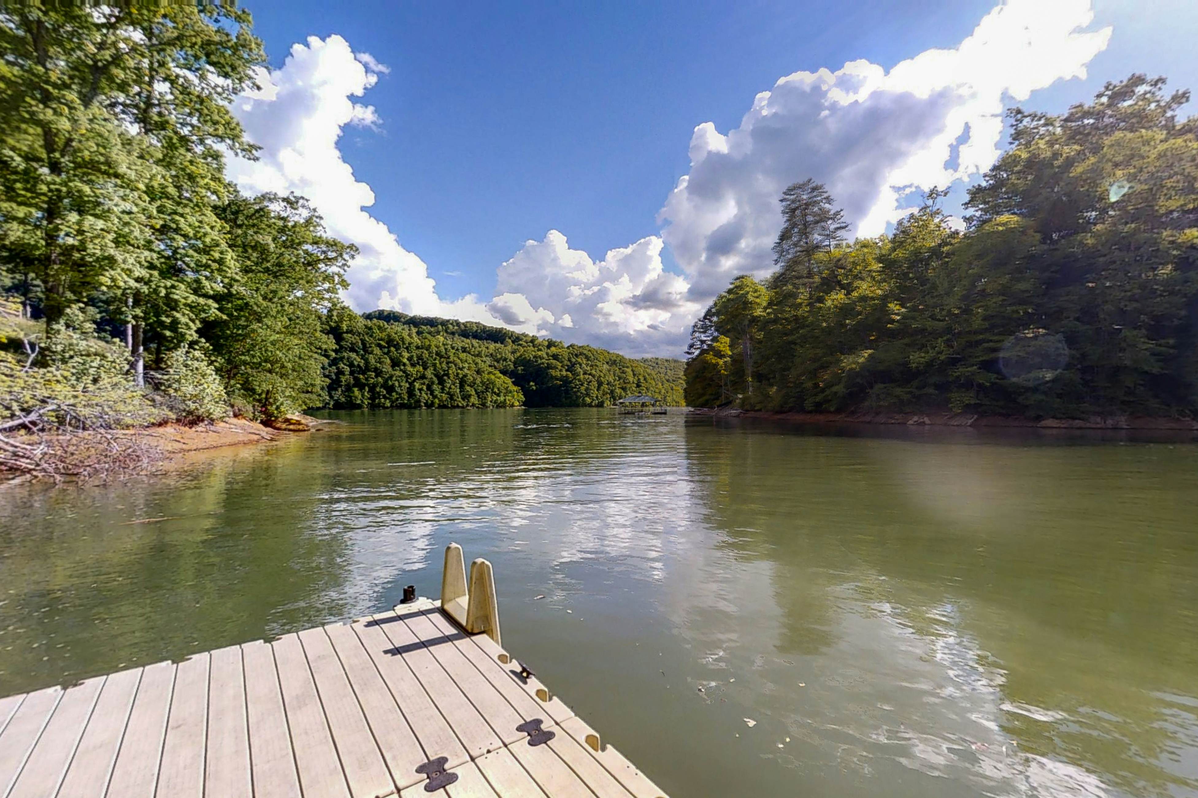 Dog-friendly lake home with private floating dock - jetted tub, firepit, & decks