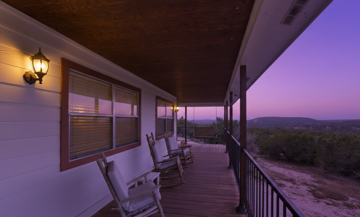 Spacious house with living room, kitchen, balcony and Hill country views