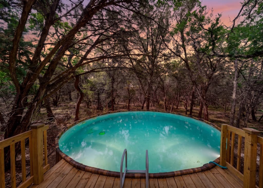 Modern Hill Country house & rustic cabin with a private pool and hot tub