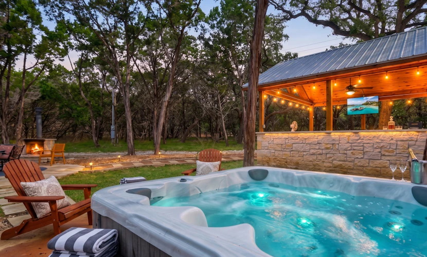 Modern Hill Country house & rustic cabin with a private pool and hot tub