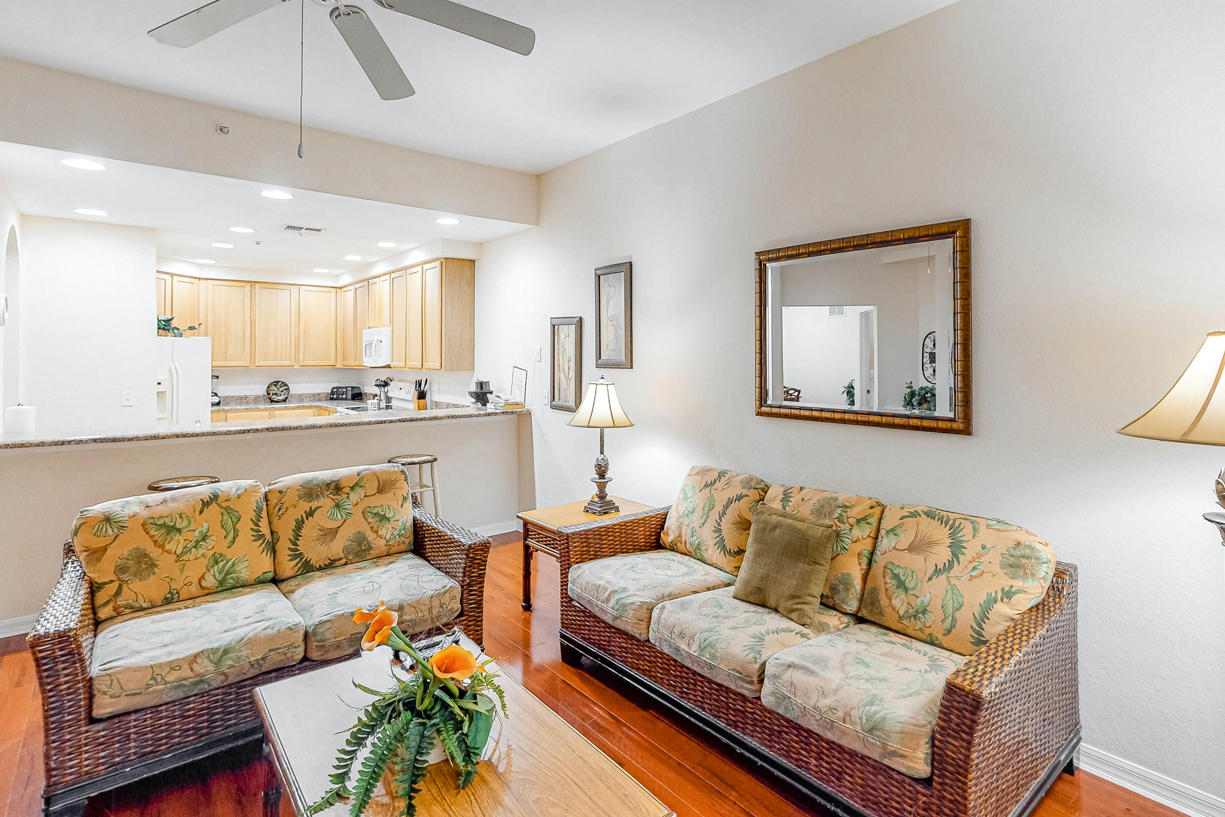 1st floor condo w/ patio, shared pools, gym, limited-mobility access, & sauna