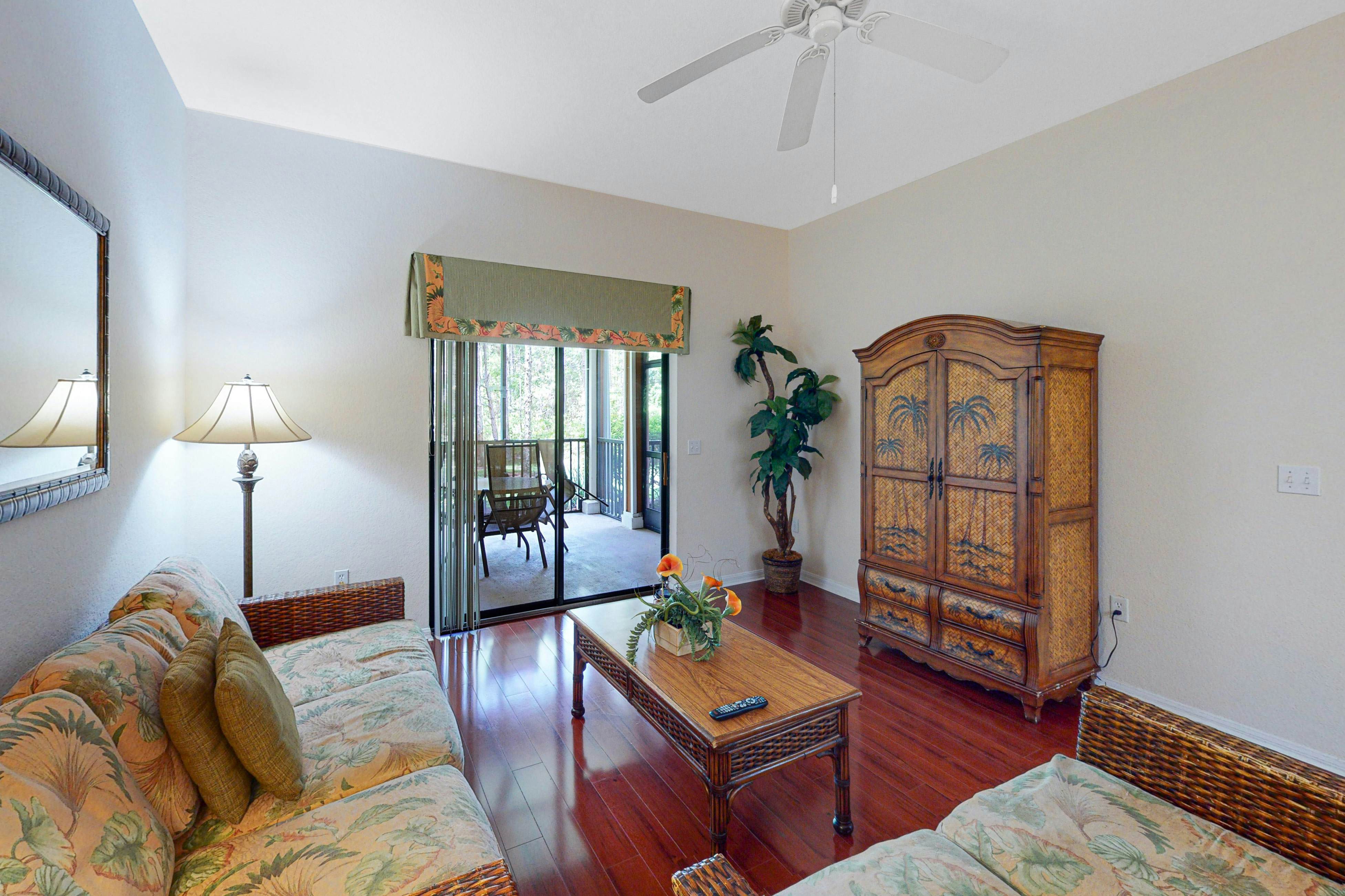 1st floor condo w/ patio, shared pools, gym, limited-mobility access, & sauna