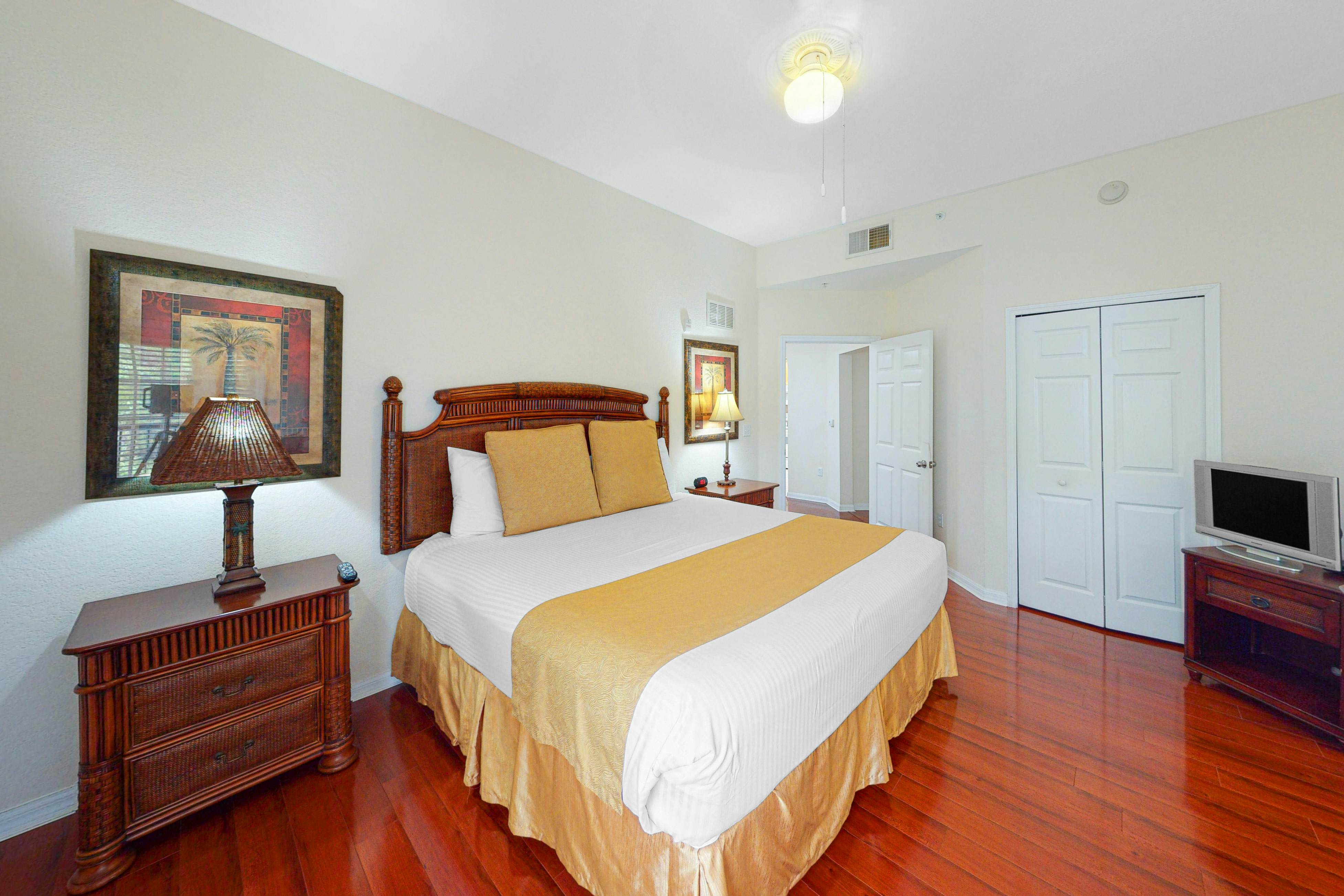 1st floor condo w/ patio, shared pools, gym, limited-mobility access, & sauna